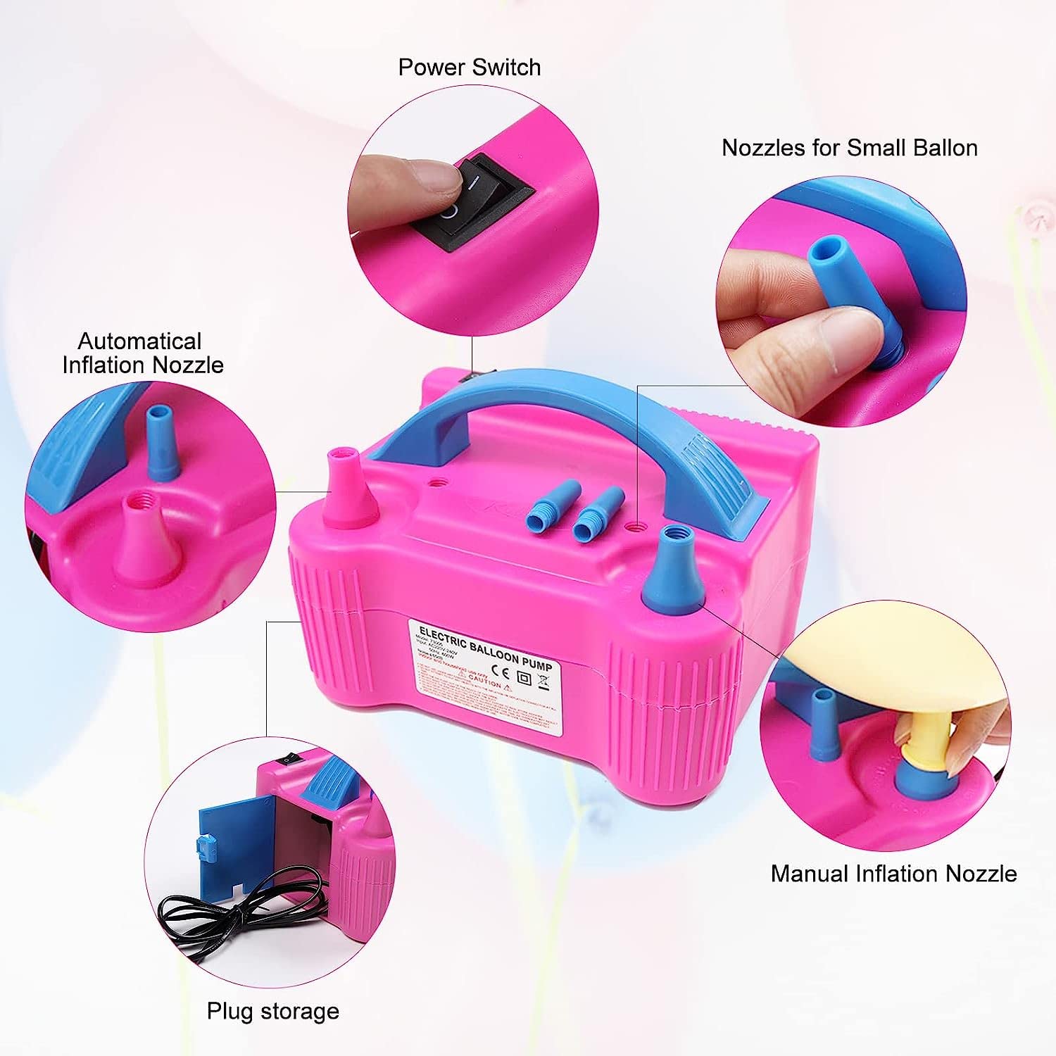 Pompe à Ballon électrique 110V 600W – Double Buse, Légère, Pour Ballons De Fête, Anniversaires, Mariages, Avec Temps De Repos Recommandé