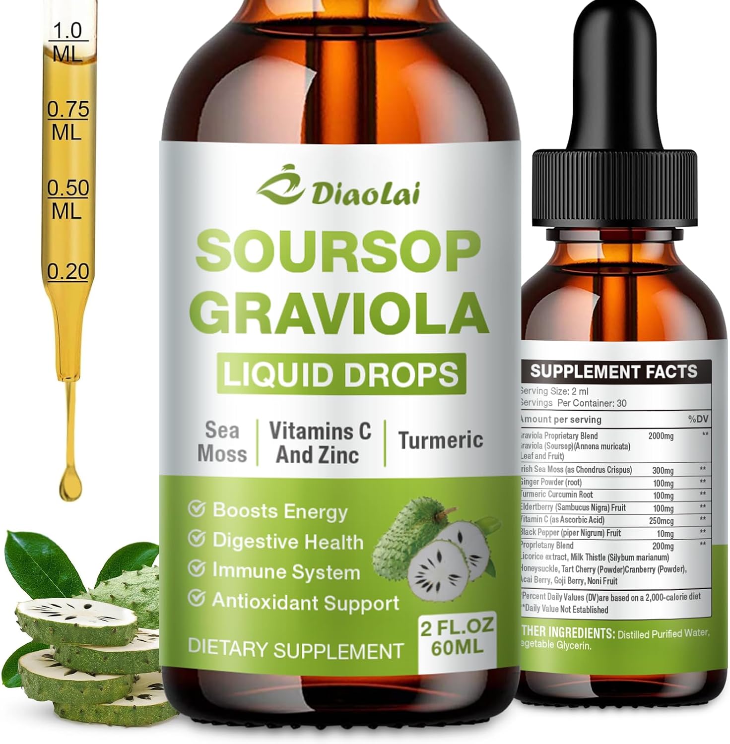 Soursop Graviola Liquid Drops, 1 Immune Support, Antioxidant Rich, Natural Energy Boost, Vegan, Non-GMO, Alcohol-Free