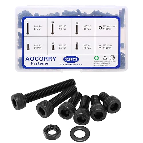 Miniatura 1 de AOCORRY Kit surtido de 328 tornillos y arandelas M5 x 8101220251.181 in, tornillos de cabeza hueca de acero de aleación de grado 12.9, kit de