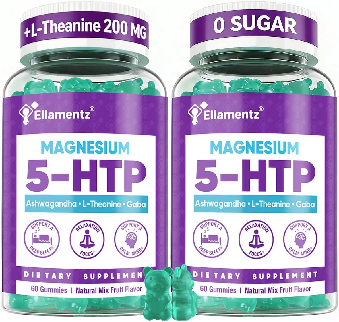 5HTP Gummies + GABA - Melatonin Free -Magnesium Glycinate, Ashwagandha, L-Theanine, L-Tryptophan & Vitamin D3 | Relaxation & Calm Gummies | Nighttime Support for Adults 2 Pack