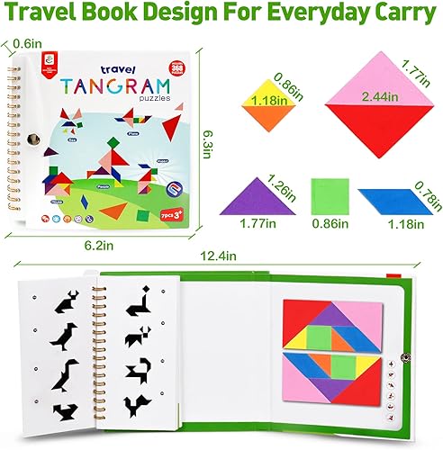 Miniatura 2 de USATDD Rompecabezas de viaje Tangram con 2 juegos, bloques de patrón magnético, juegos de viaje por carretera, rompecabezas educativos, libros de