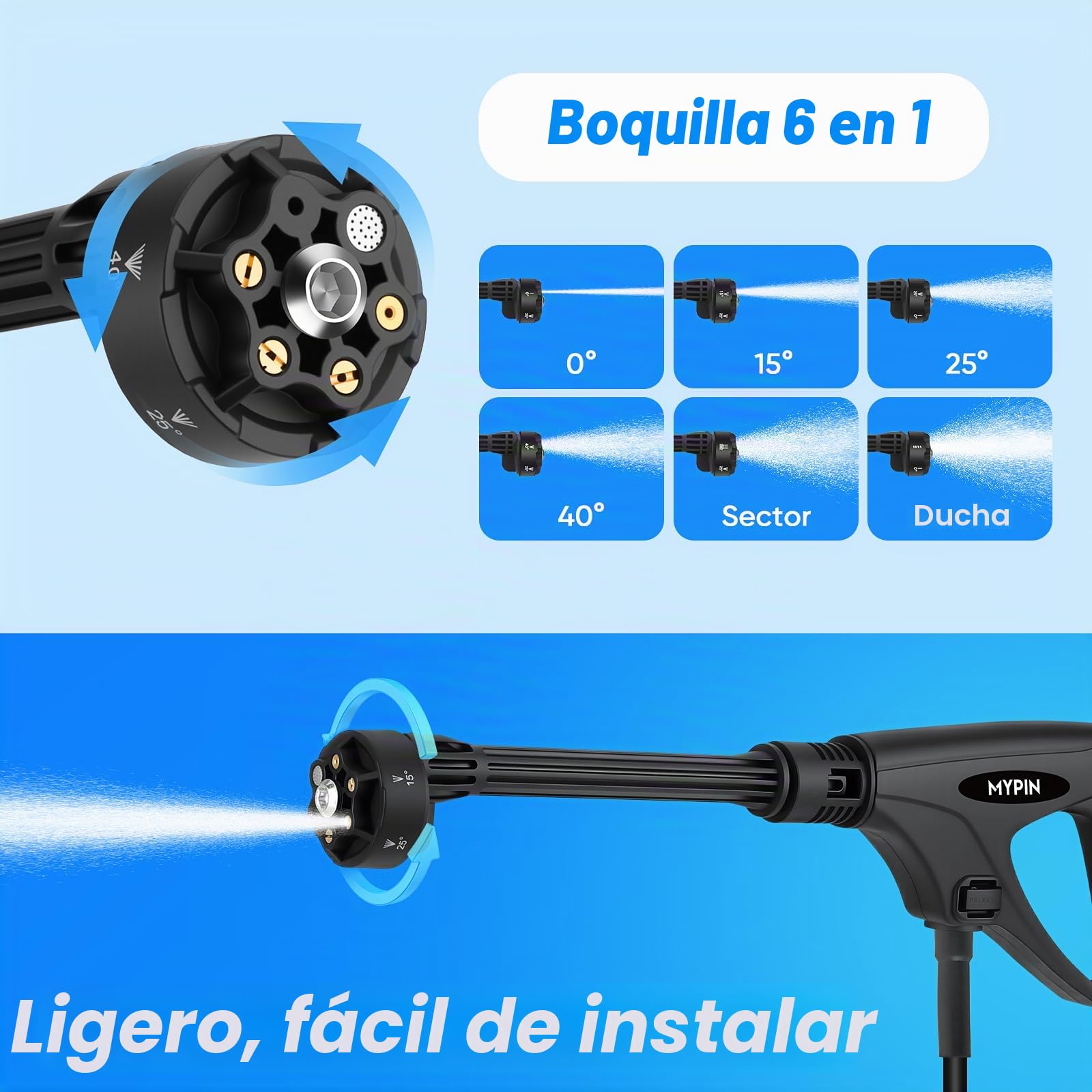 MYPIN Hidrolavadora Portátil 13L Tanque, 7 Presiones Ajustables Máx. 660PSI | Boquilla 6-en-1, Manguera de 7M, Limpiadora Portátil con Ruedas para Coches, Suelos, Paredes, Vallas y Mascotas