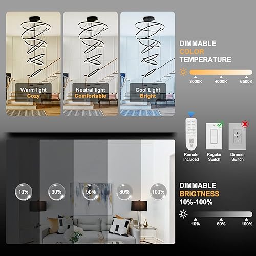 Miniatura 5 de XGZL  LIGHTING Candelabro LED moderno de 7 anillos D31.5 pulgadas, color negro, grande, contemporáneo, para escalera, lámparas regulables de techo