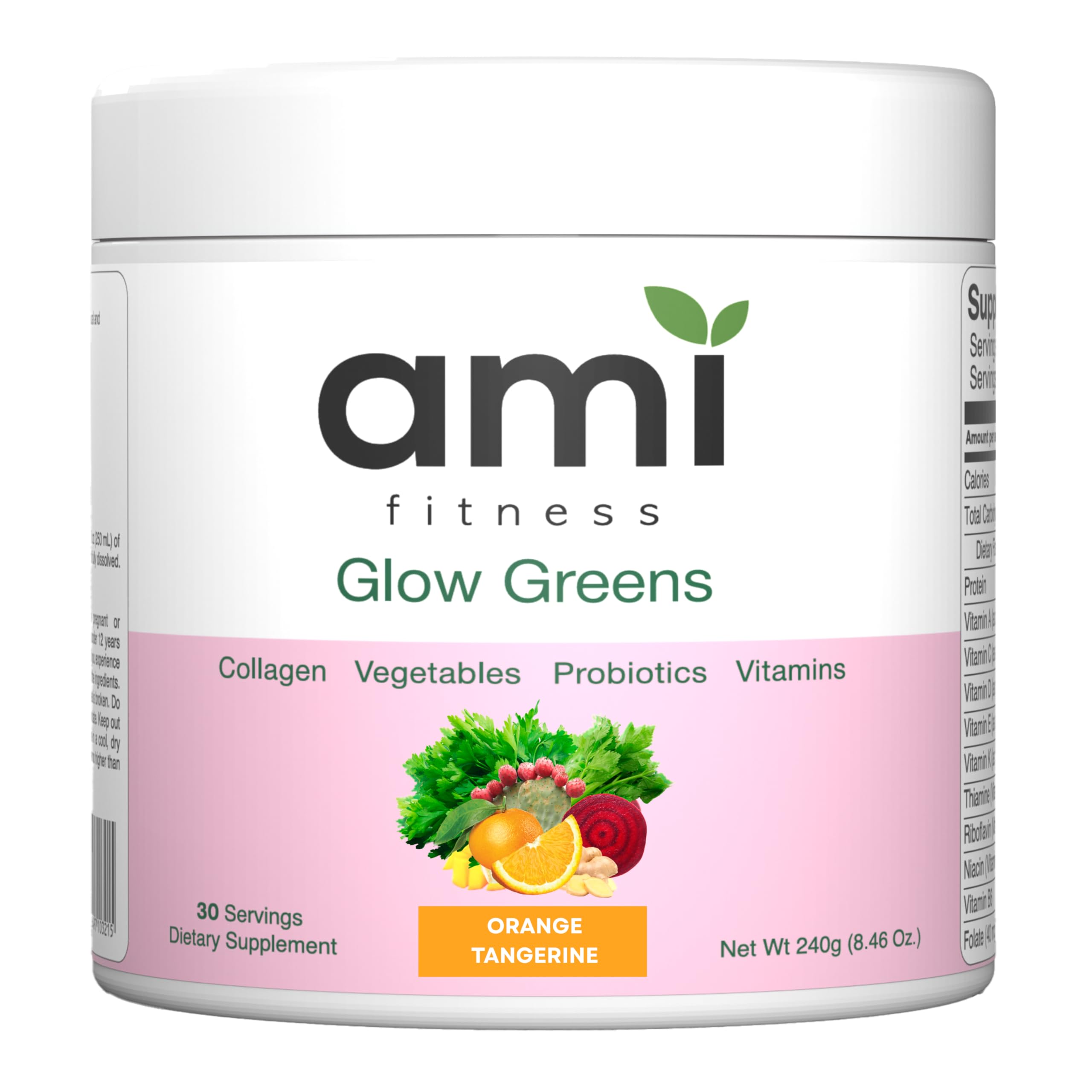 Ami Fitness Glow Greens, Collagen with Probiotics, Vitamins, Digestive Enzymes, Superfoods, 30 SVG (30 Servings (Pack of 1), Orange Tangerine) Orange Tangerine 8.45 Ounce (Pack of 1)