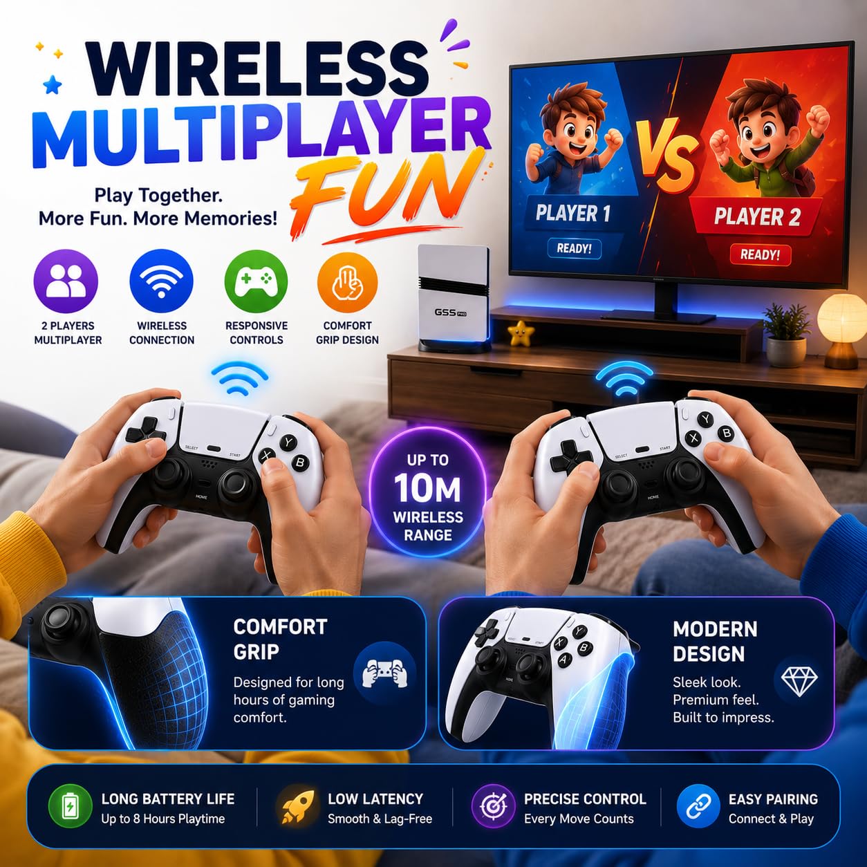 Playmigo GS5 Pro 4K Retro Gaming Console Stick, 22,000+ Built-in Classic Games, 23 Emulators, Plug and Play, with Dual Wireless Controllers, for Kids and Adults 1