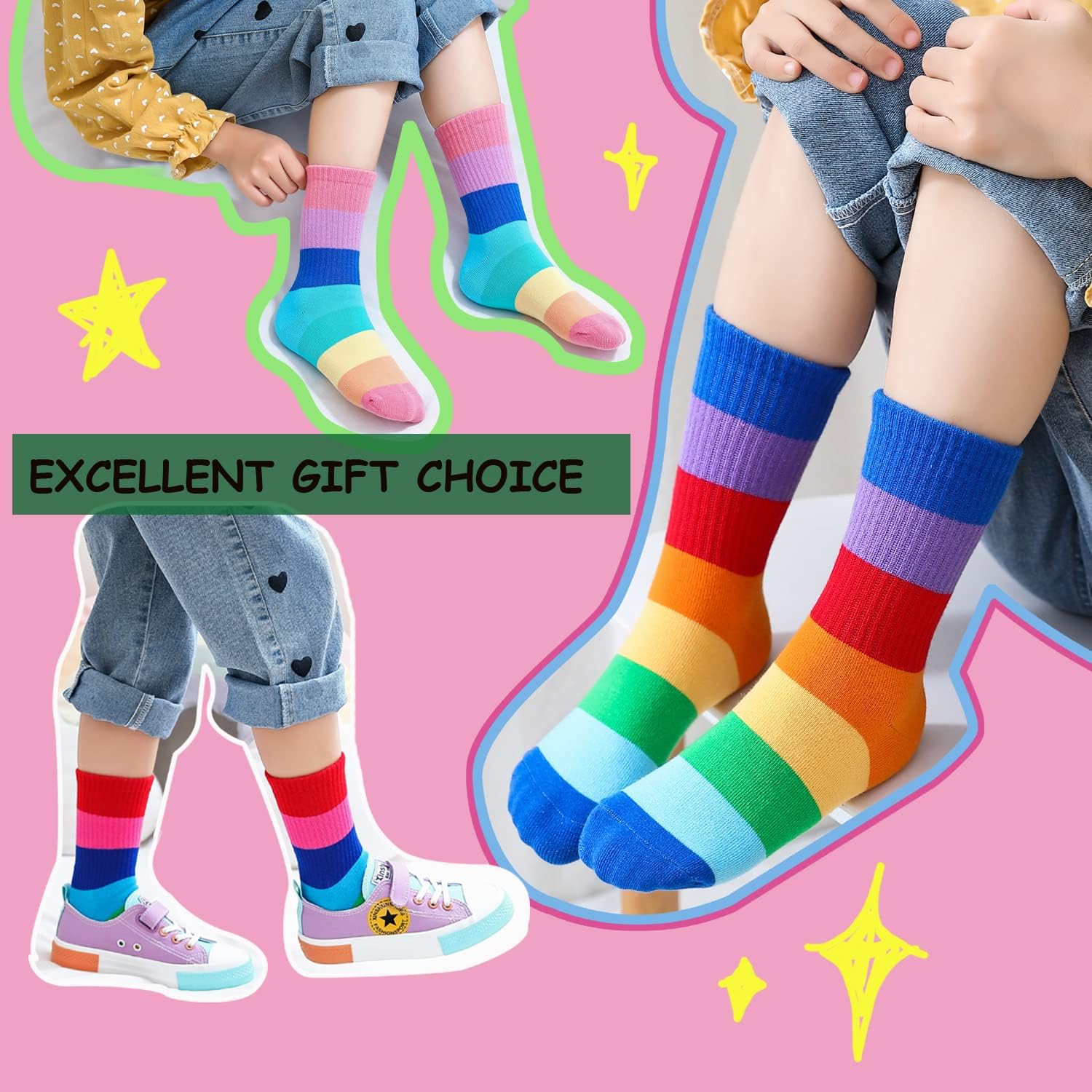 Marchare Girls Seamless Crew Cotton Socks Kids Casual Socks School Socks Rainbow Stripes 5 Pack - Image 7