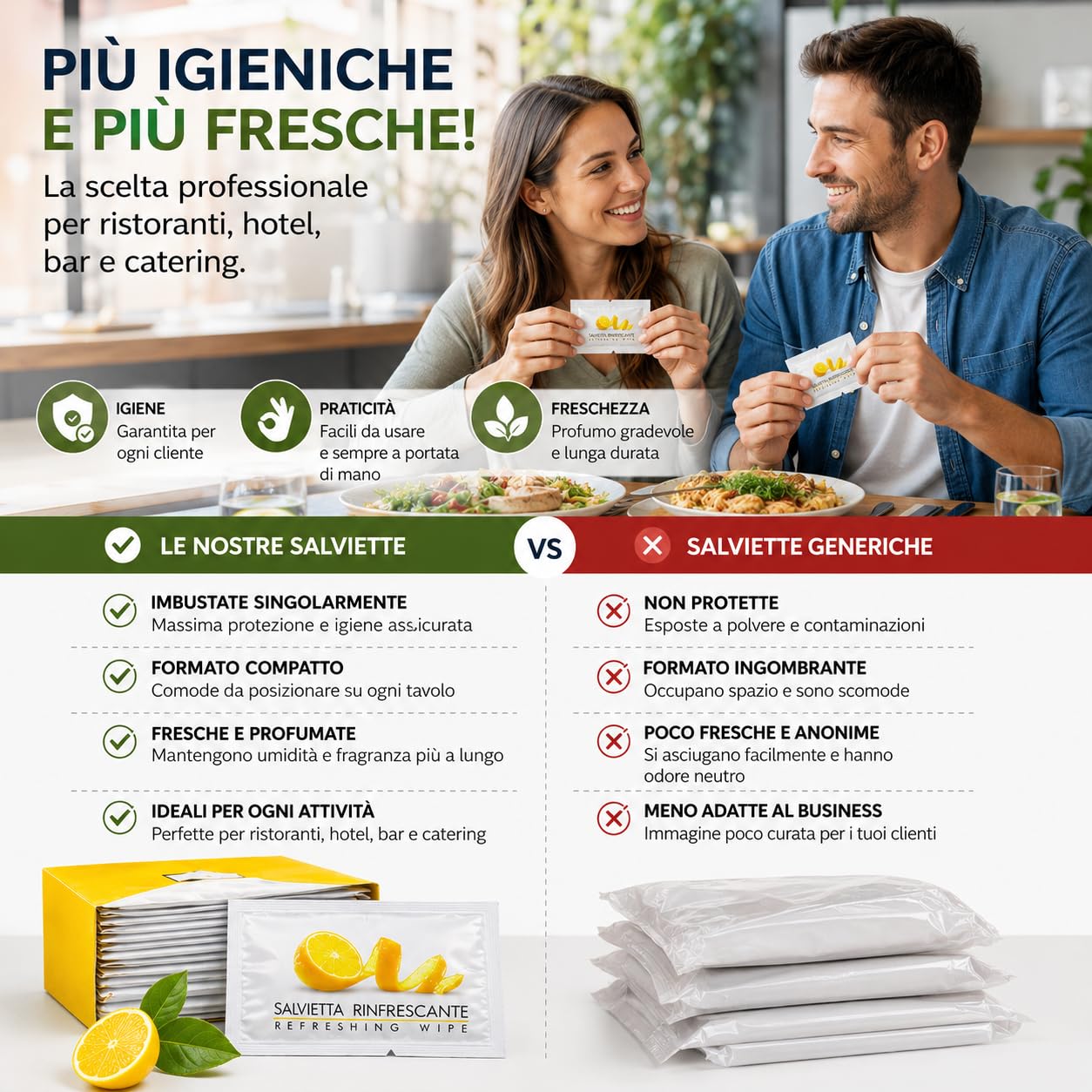 500 Salviette Umidificate Monouso Profumo (LIMONE) - Singolarmente Imbustate per Ristoranti, Hotel e Catering - Salviette Igienizzanti e Rinfrescanti per Mani e Viso