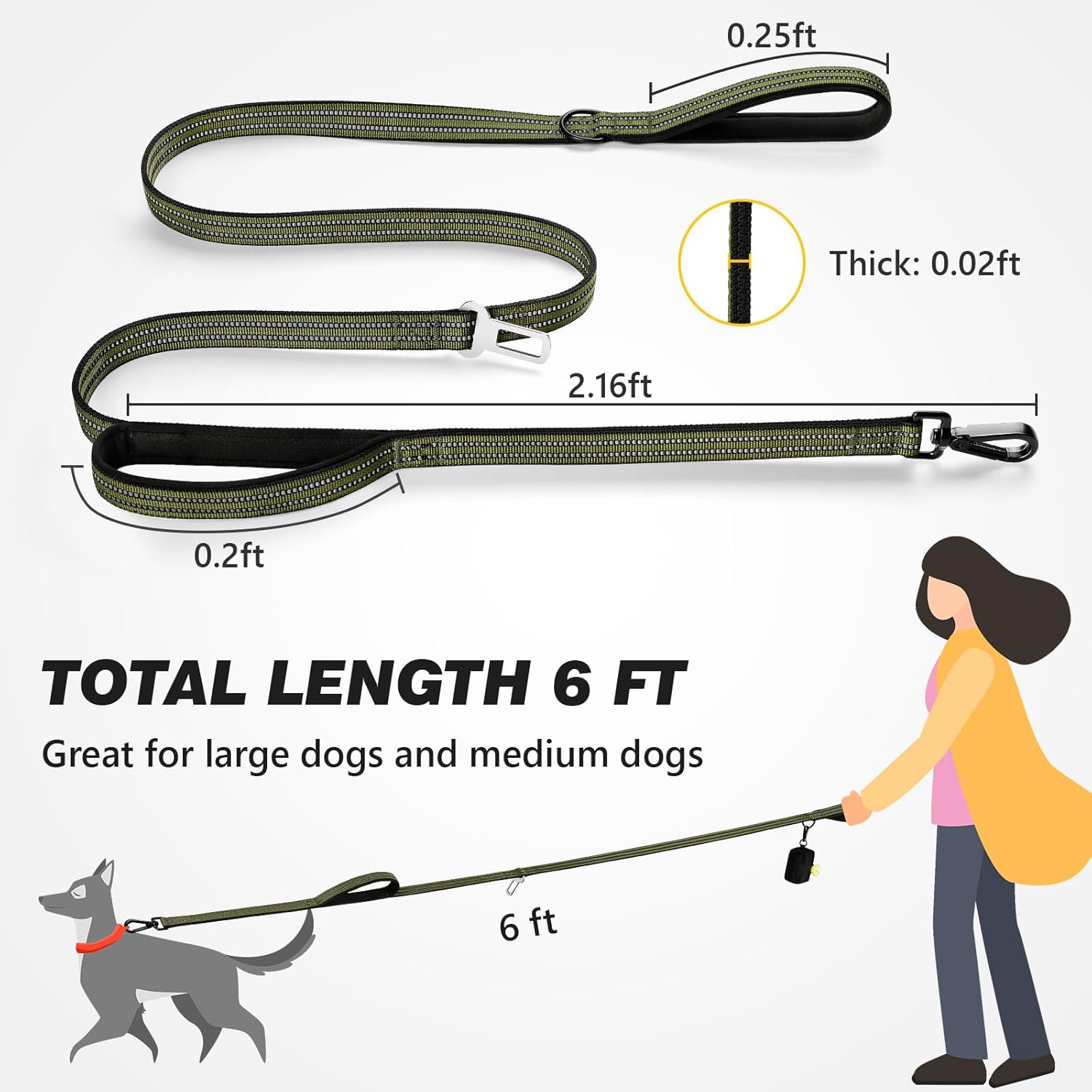 WINGOIN Dog Leash for Large Medium Dogs, Heavy Duty Dog Leashes with Double Handle, Poop Bag Holder, Metal Clip, Car Seat Belt Buckle, Reflective Tactical Pet Lead for Walking, Training (Green, 6FT)