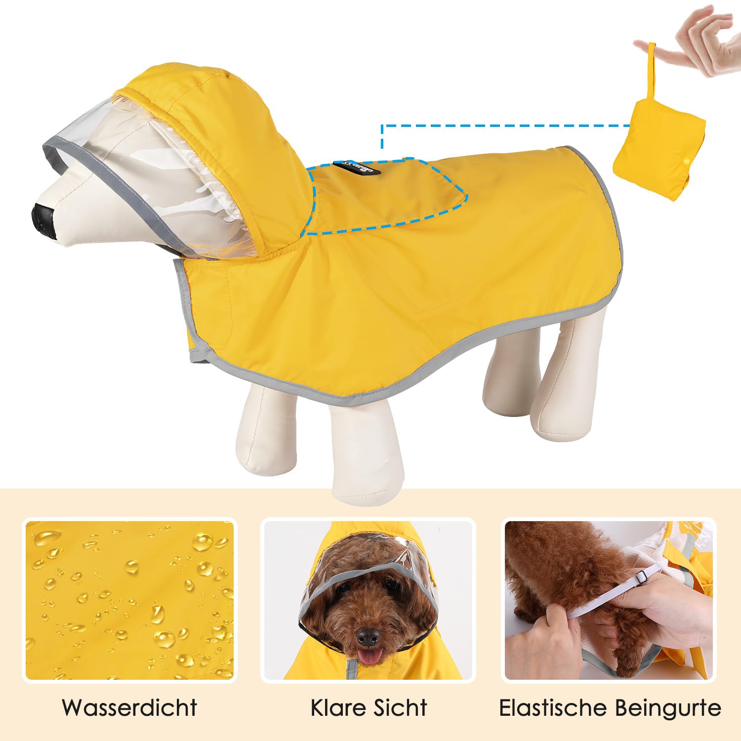 Eyein Wasserdichter Hunderegenmantel, Regenmantel für Große Hunde mit Kapuze und weichem Futter, Verstellbare Hunderegenjacke mit reflektierenden Streifen, Winddicht und leicht, Gelb, XXXL