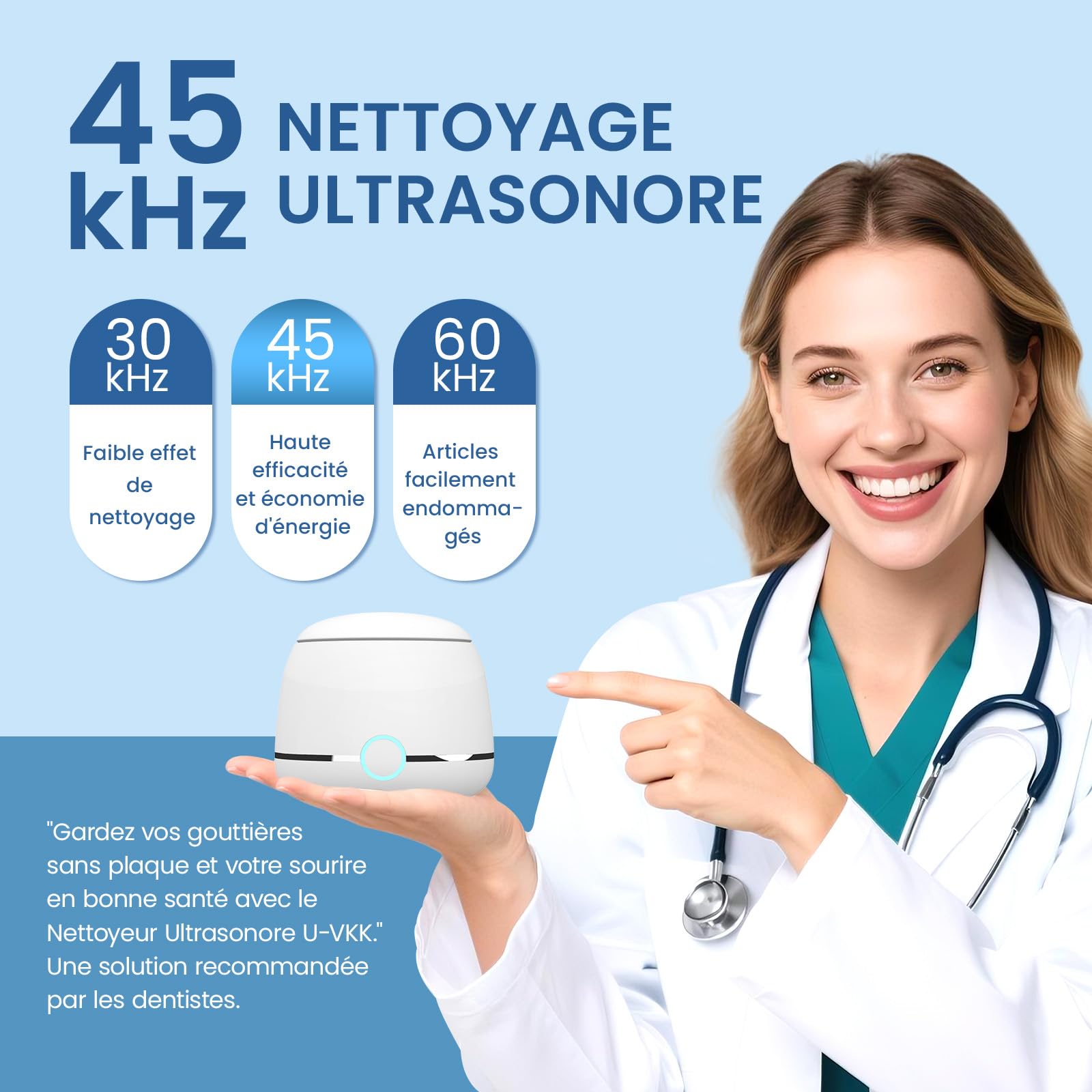 Nettoyeur ultrasons, Nettoyeur Ultrasonique Dentaire haute fréquence 45 kHz, 2 modes, pour appareils orthodontiques, aligneurs, prothèses dentaires, têtes de brosse à dents, bijoux, etc