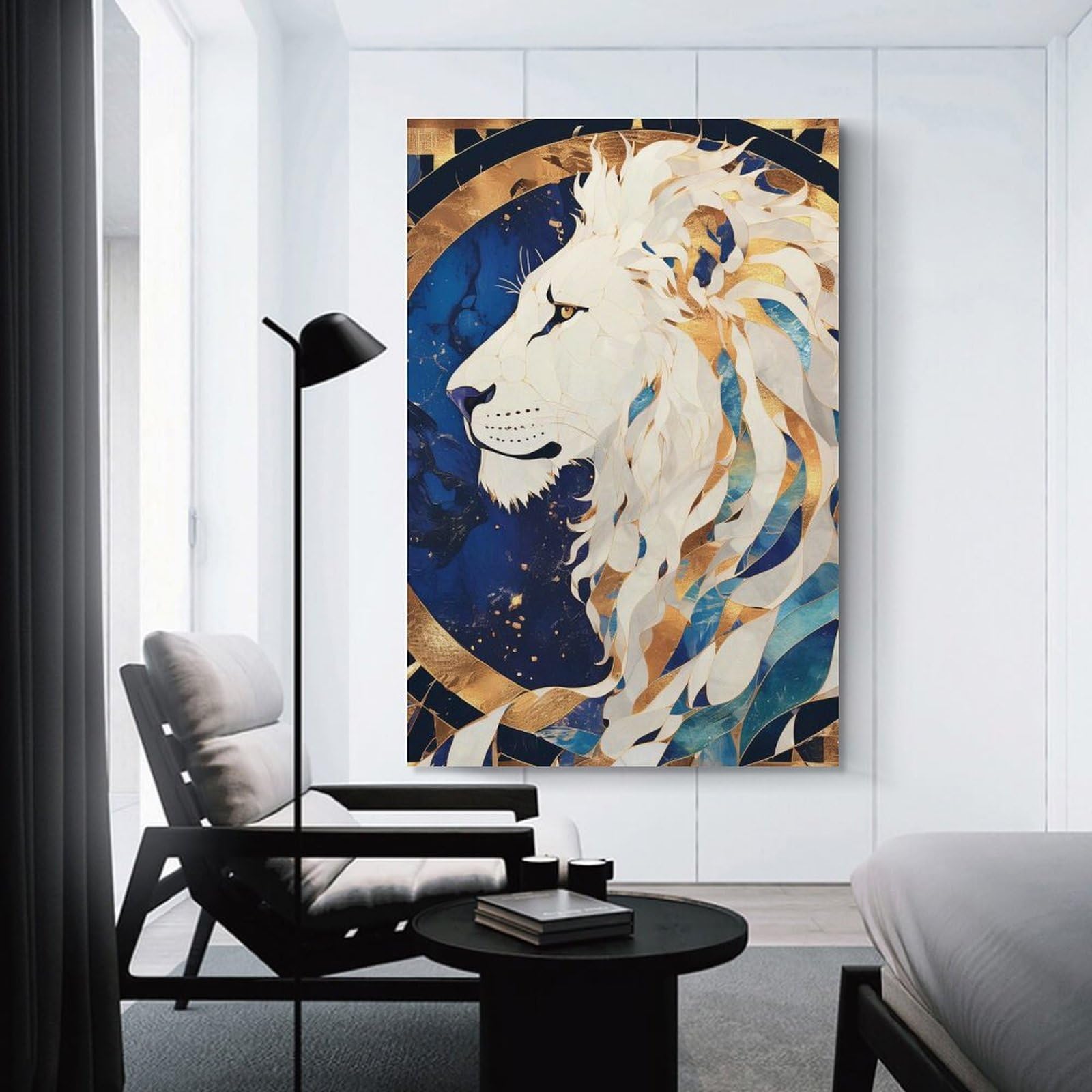Junmoney Canvas Wall Decor Lion Portrait in Blue And Gold, 24x36inch(60x90cm), for Flats, Guest Rooms Or Compact Rooms, Wall Decor with Flexible Room Appeal