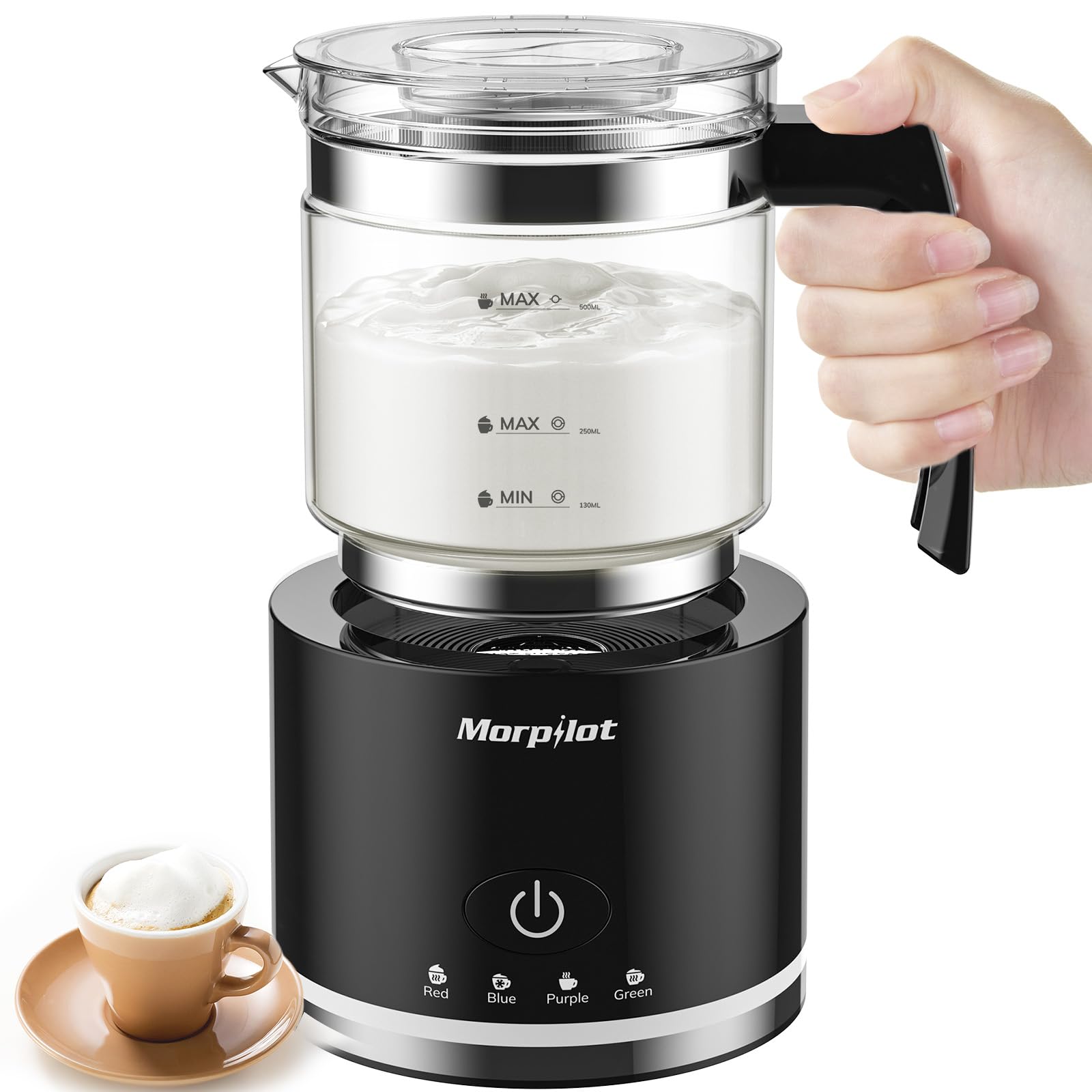 Milk Frother, Morpilot Montalatte Elettrico in Vetro, 4 in 1 Funzione, Bello da Vedere, Capacità 250ml per Schiumare o 500 ml per Riscaldare, Design Diviso, Nero