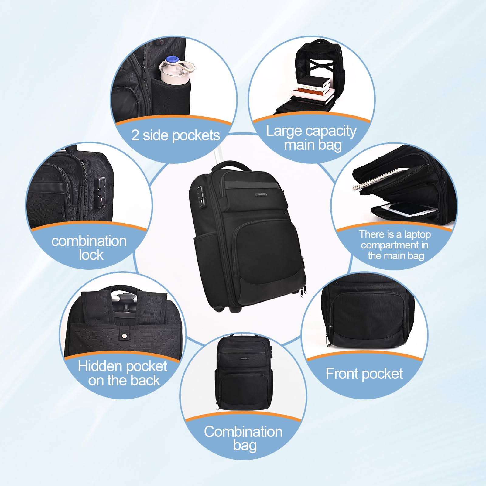 Hivexagon Passwortgeschützter Rollrucksack, 21 Zoll wasserdichter Laptop-Rollrucksack, Handgepäck-Businesstasche, große Kapazität, mehrlagiger Stauraum