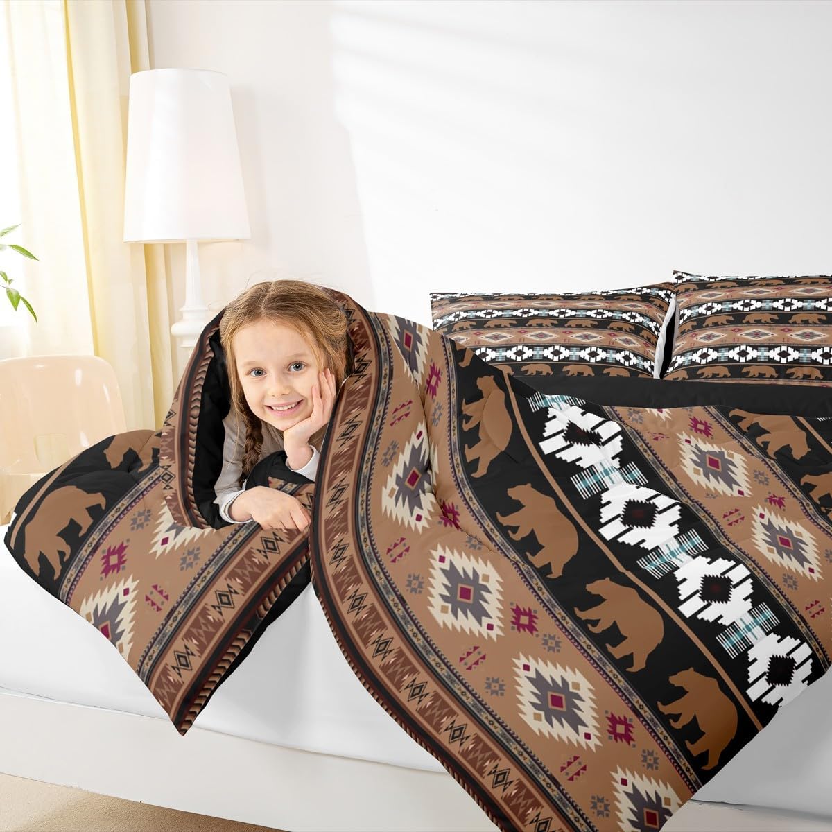 Feelyou Western Comforter Set Queen Size Bear Bedding Set for Kids Boys Girls Bohemian Rustic Country Duvet Quilt Southwestern Aztec Bedroom Decor Microfiber 3 Pcs with 2 Pillow Cases - Image 7