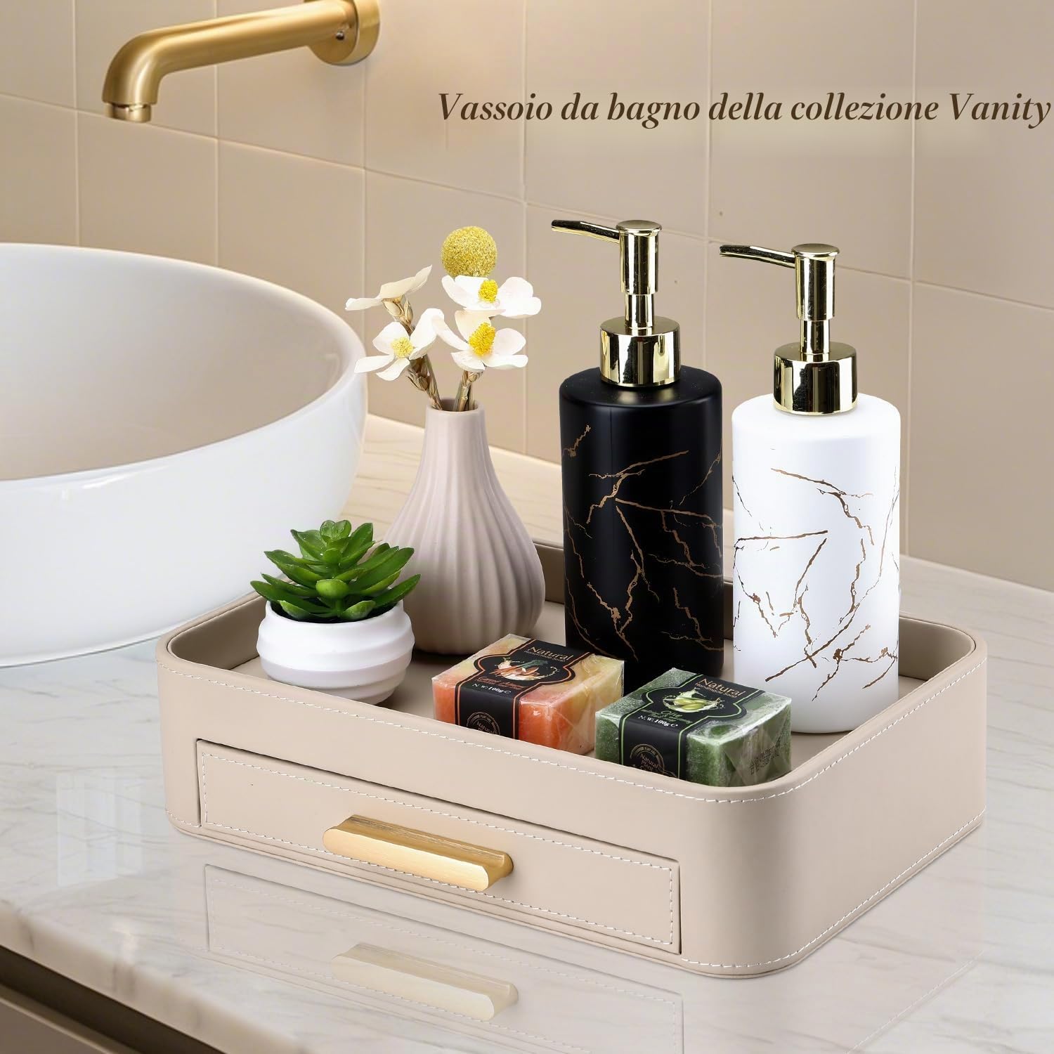 GORESE Svuotatasche, Vassoio Portaoggetti con Cassetto in Pelle Porta Gioielli Organizer per Cassetti Vassoio da Letto Organizzatore da Scrivania per Chiavi,Occhiali,Beaute,Gioielli(Beige)