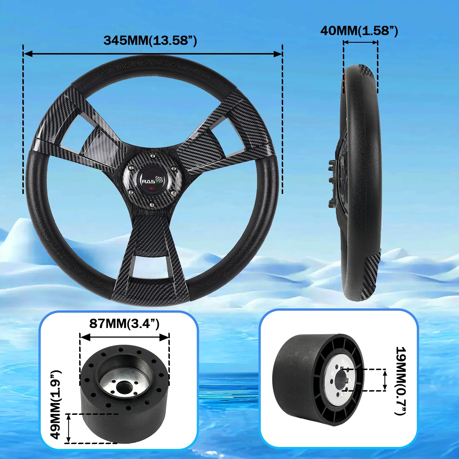 RASTP Volante de barco con adaptador de volante marino de eje de 3/4 pulgadas para la mayoría de barcos, embarcaciones, yates, pontones (estilo F-Print)