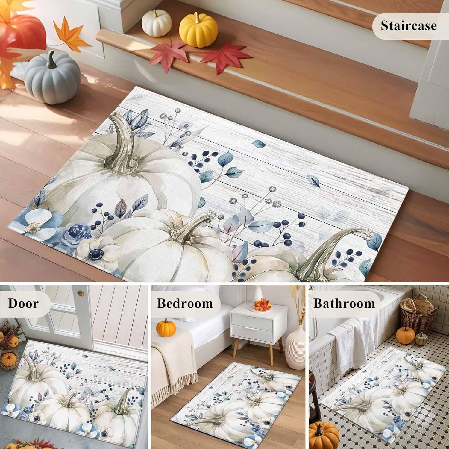 DecorLovee Entryway Rug 2'x3', Blue Grey Pumpkins Fall Small Rug for Kitchen Bathroom Door Mat Indoor Entrance, Thanksgiving Botanical Vintage Non-Slip Area Rugs Floor Mats Carpet Front Door Rugs