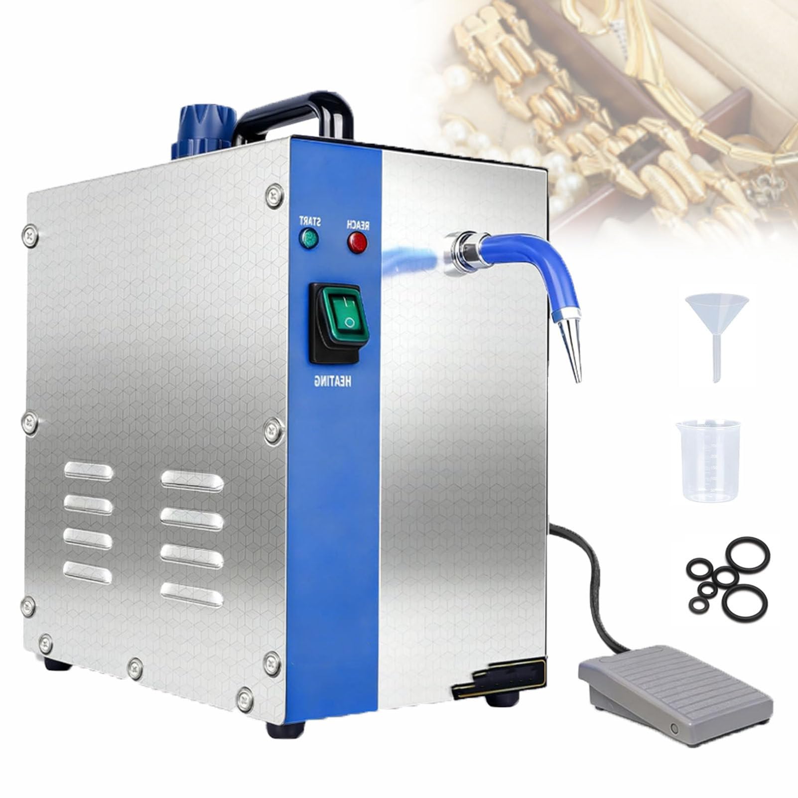 Limpiador Profesional De Joyas a Vapor, Máquina De Vapor a 135°C, con Vaso De Embudo, Presión De Vapor De 4kg para La Limpieza De Plata, Oro, Diamantes Y Gemas Blue