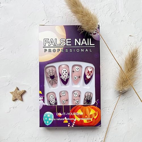 Miniatura 3 de Uñas postizas a presión de Halloween, uñas postizas medianas de almendra, cobertura completa, tela de araña, sangre de Halloween, diseños de uñas