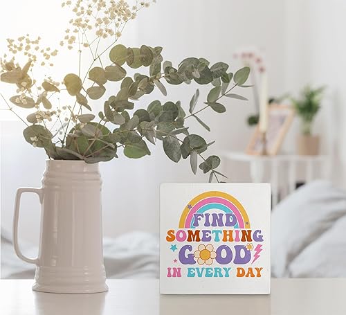 Miniatura 5 de kunlisa Groovy Find Something Good in Every Day Retro Flower Rainbow Caja de madera para decoración de escritorio, con cita positiva, bloque de