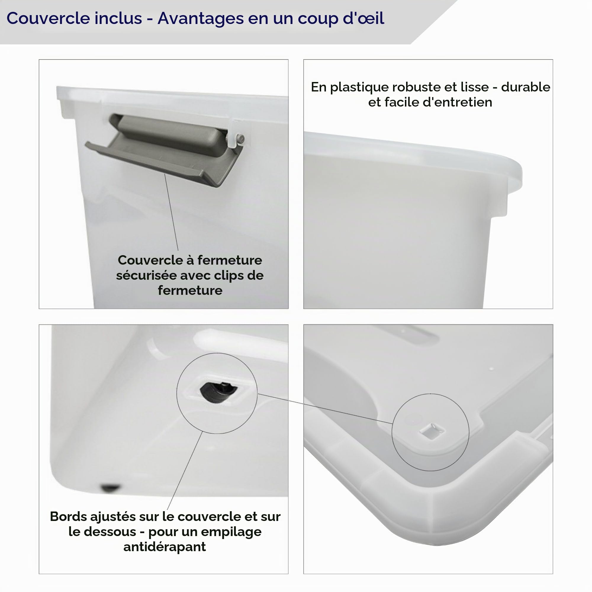 PROREGAL Boîte de rangement avec couvercle 45L en lot de 6, grande, roulettes, en plastique transparente empilable, clips de fermeture, conteneur de stockage pour la cuisine et le ménage