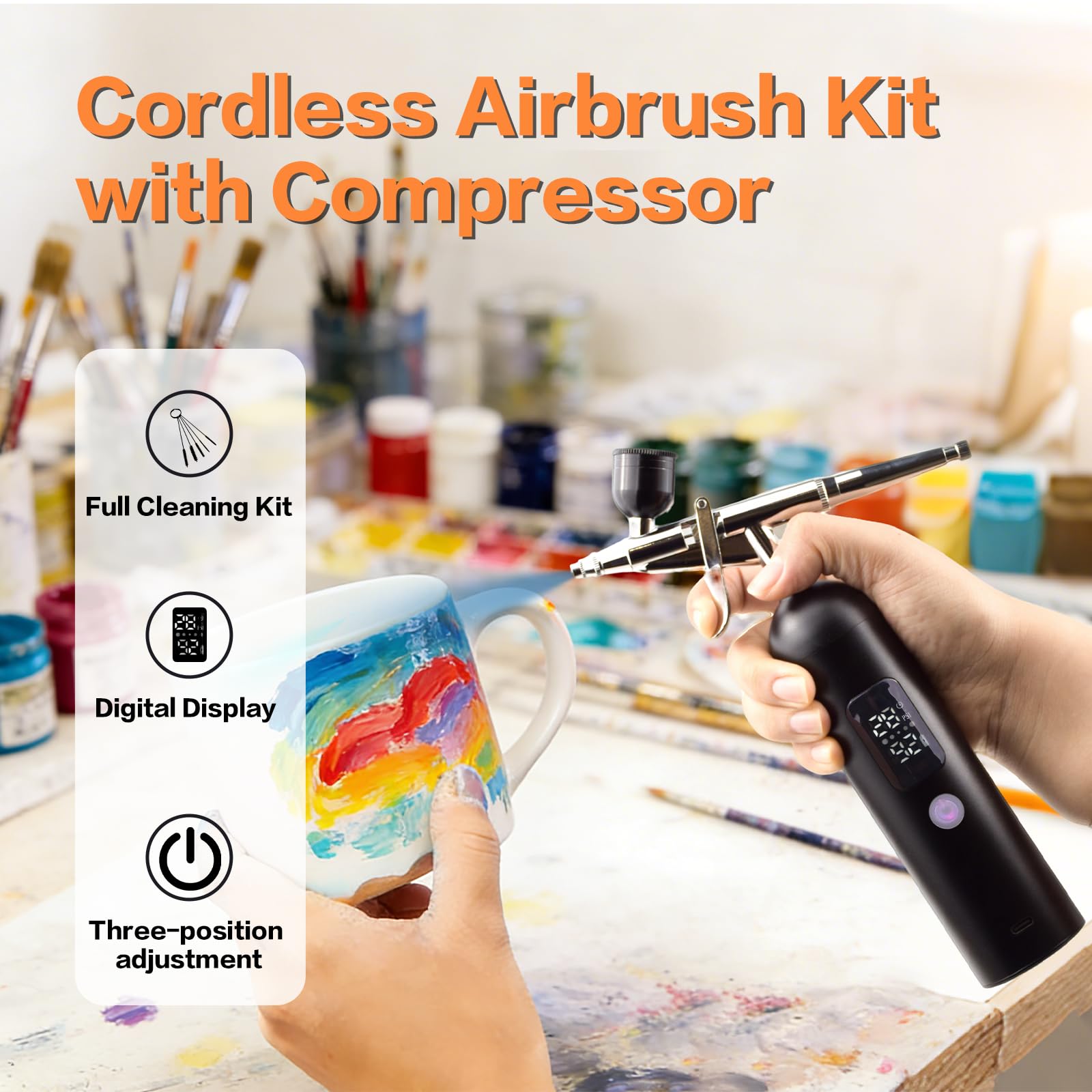 Kit di aerografo con compressore d'aria da 6000 mAh, 35 psi, kit per aerografo con schermo LCD, set di pistole per aerografo ricaricabili senza fili, portatile, non intasamento, per unghie, trucco