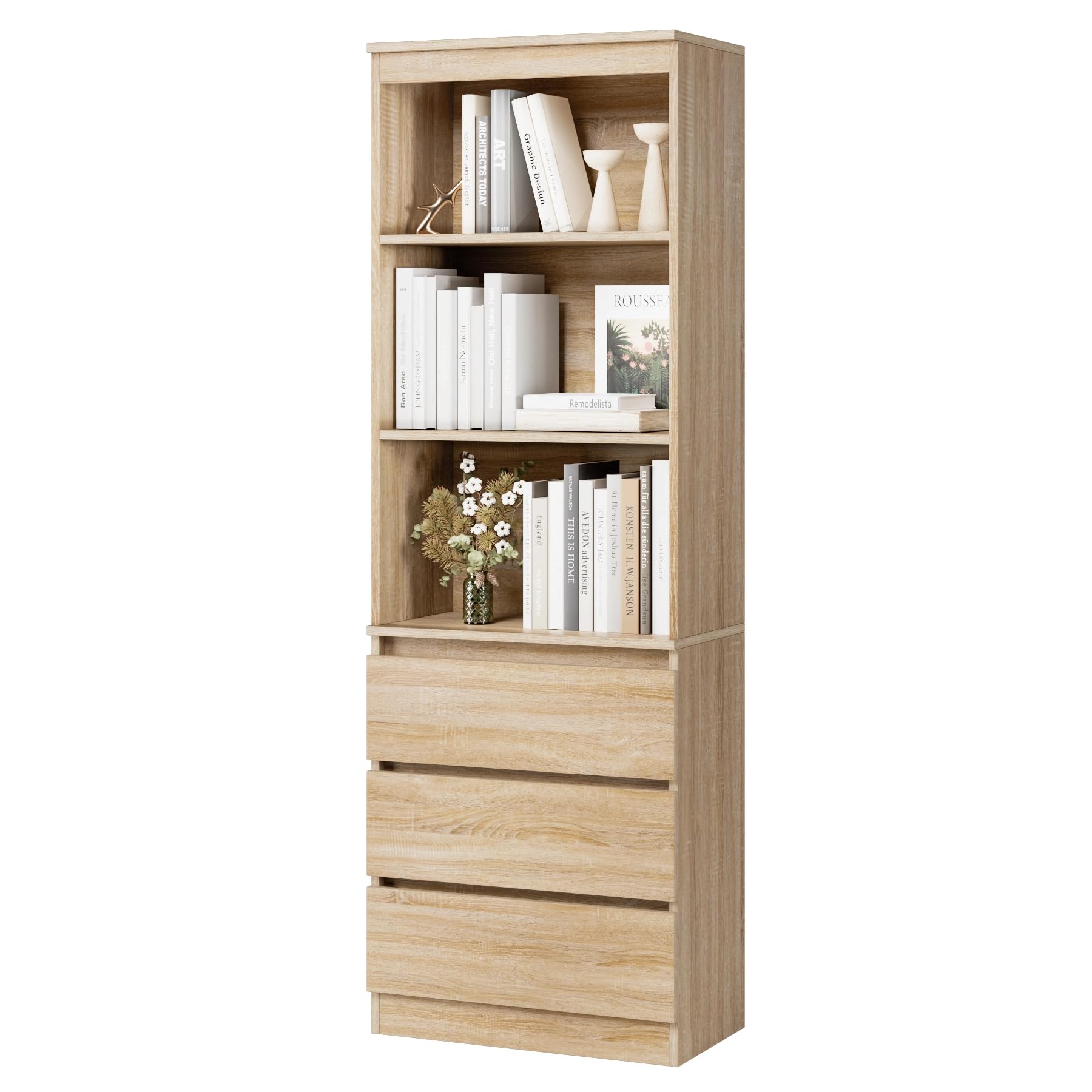 FirFurd 180cm Tall Bookcase Bookshelf with 3 Drawers and Shelves Living Room Storage Cabinet Freestanding Display Cupboard Unit Wooden Oak
