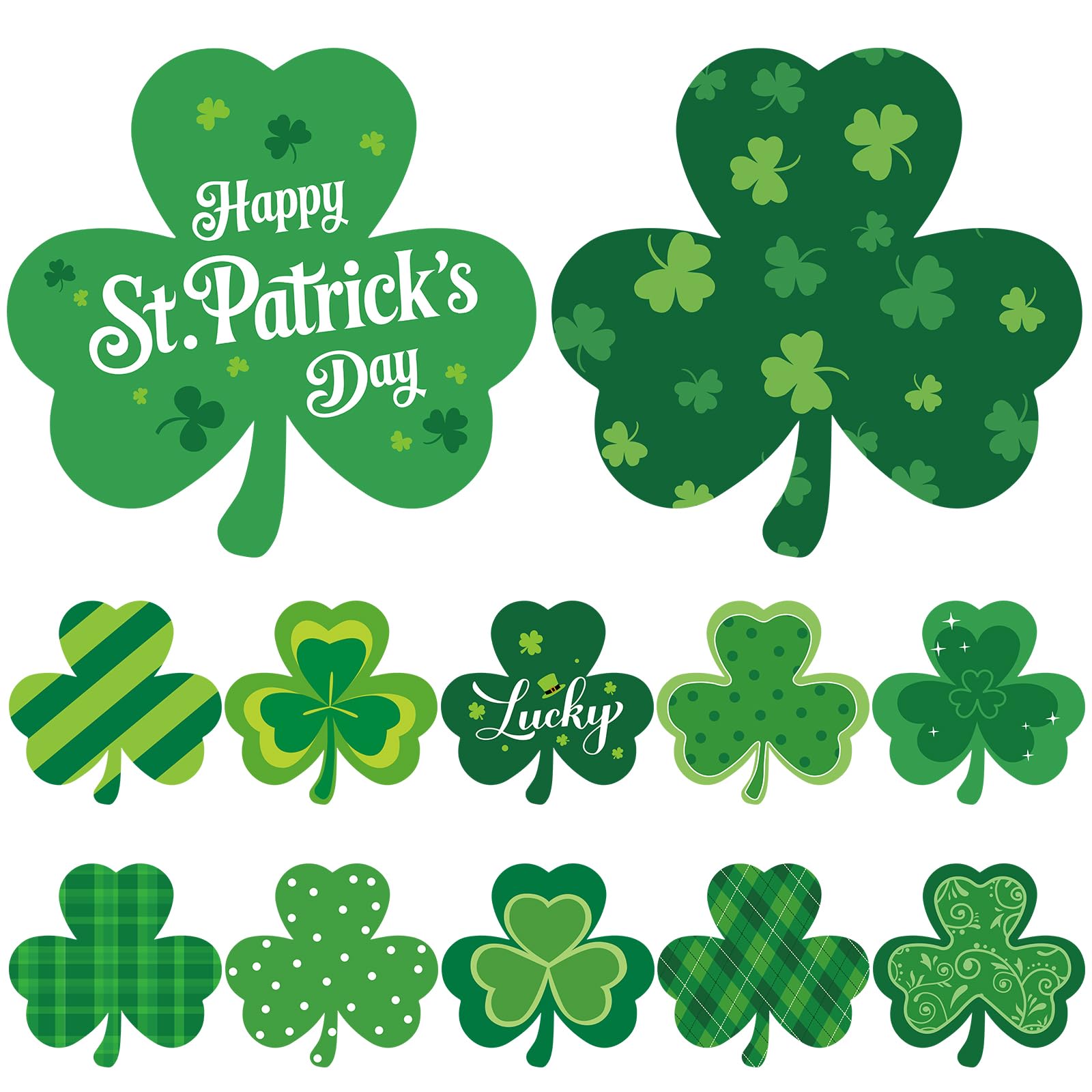COCHIE Large 11" St. Patrick's Day Shamrock Cutouts Decorations Cardboard Cutout Set of 12, Lucky Saint Patrick Clover Cut Outs Wall Door Windows Decor, Green Irish Shamrocks Paper Cutouts (Shamrock)