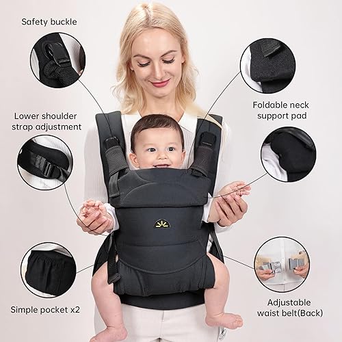 Miniatura 5 de Portabebés para recién nacidos a niños pequeños, ajustable, ultrasuave y ligero, portabebés ergonómico con soporte para la cabeza, equipo de viaje