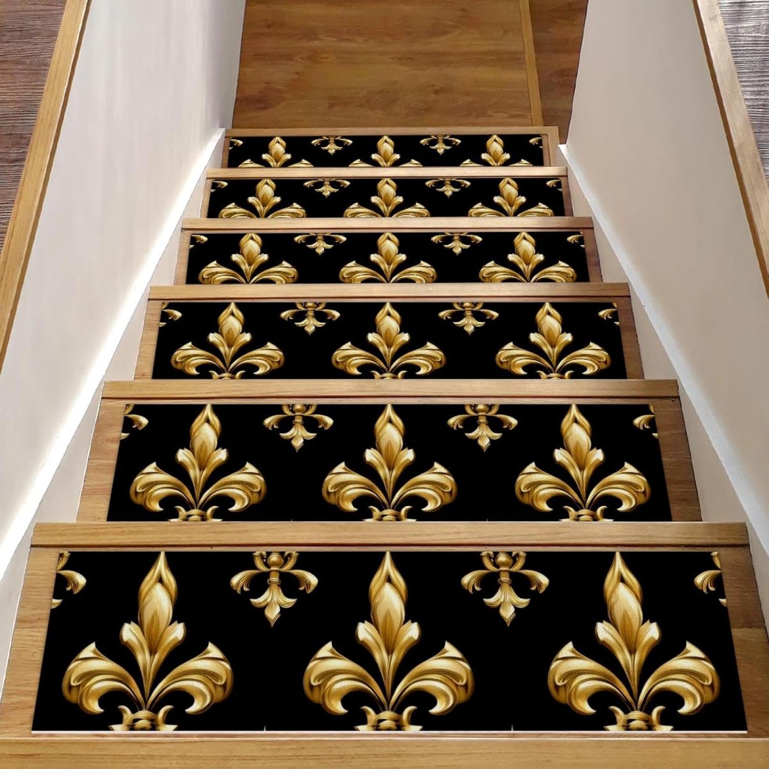 Non Slip Carpet Stair Treads, 15 Pack 8″ X 30″ Machine Washable Stair Mats Indoor Staircase Runners for Wooden Steps, Gold Black Fleur De Lis Pattern