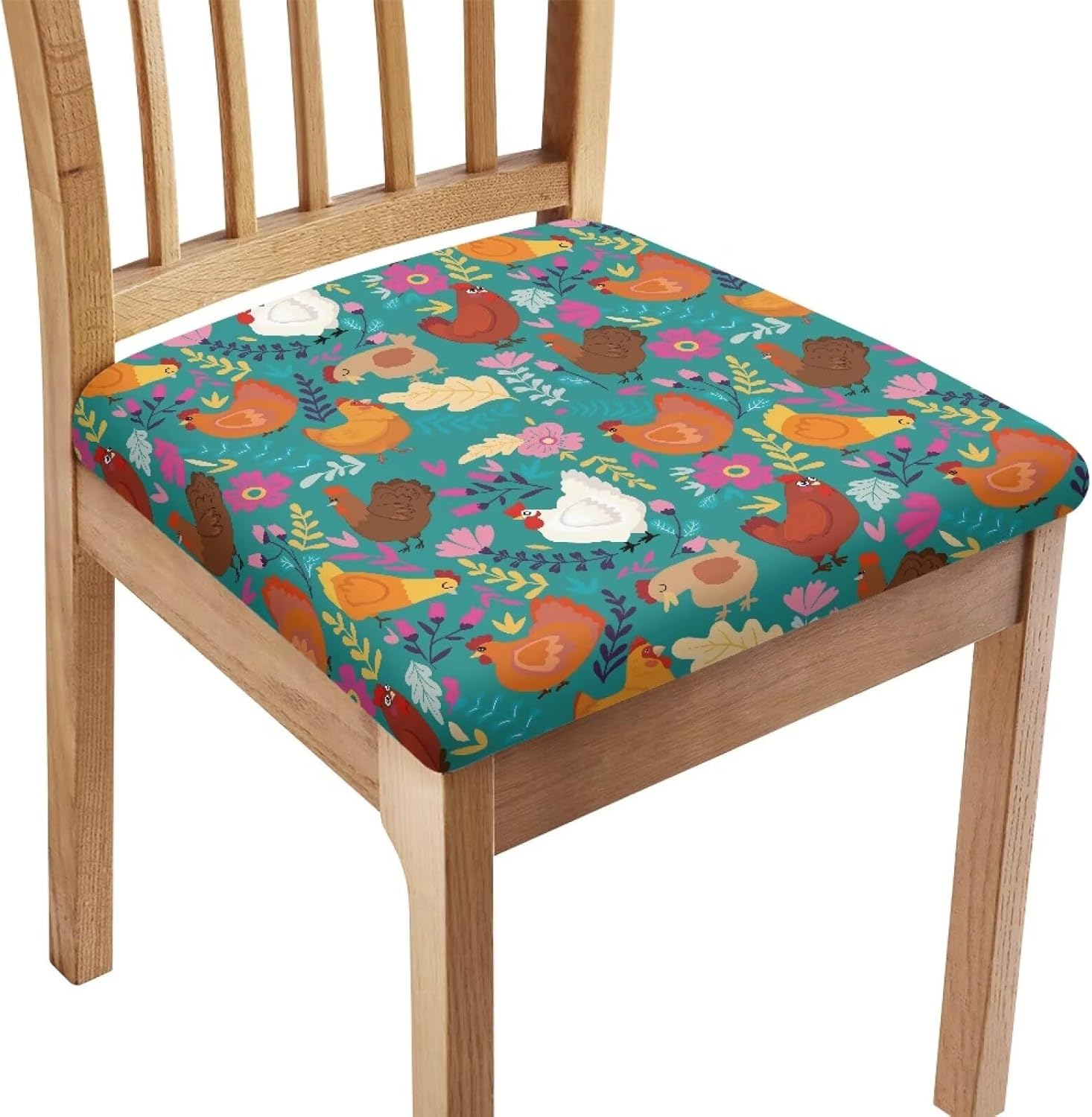 Kuiaobaty Floral Rooster Chair Seat Covers Set of 6 Stretch Chair Covers for Dining Room Square Removable Washable Chairs Protector Seat Cushion Slipcovers for Kitchen Office Farmhouse