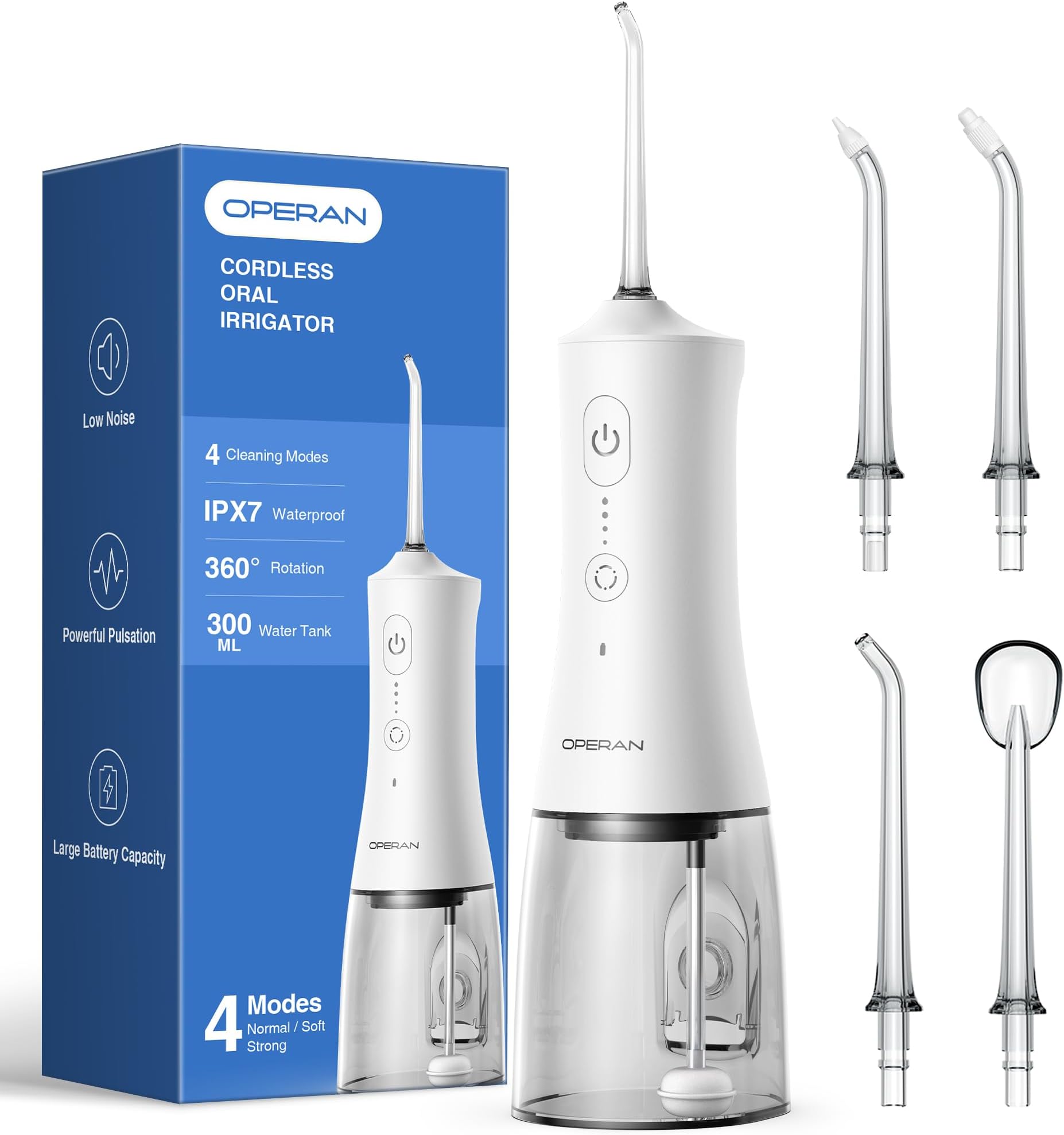 Water Flosser for Teeth Cleaning Upgraded 300ml Cordless Water Dental Flossers Rechargeable Oral Irrigator with 4 Modes 4 Jet Tips IPX7 Waterproof Water Floss for Home Travel (White)+1Pack