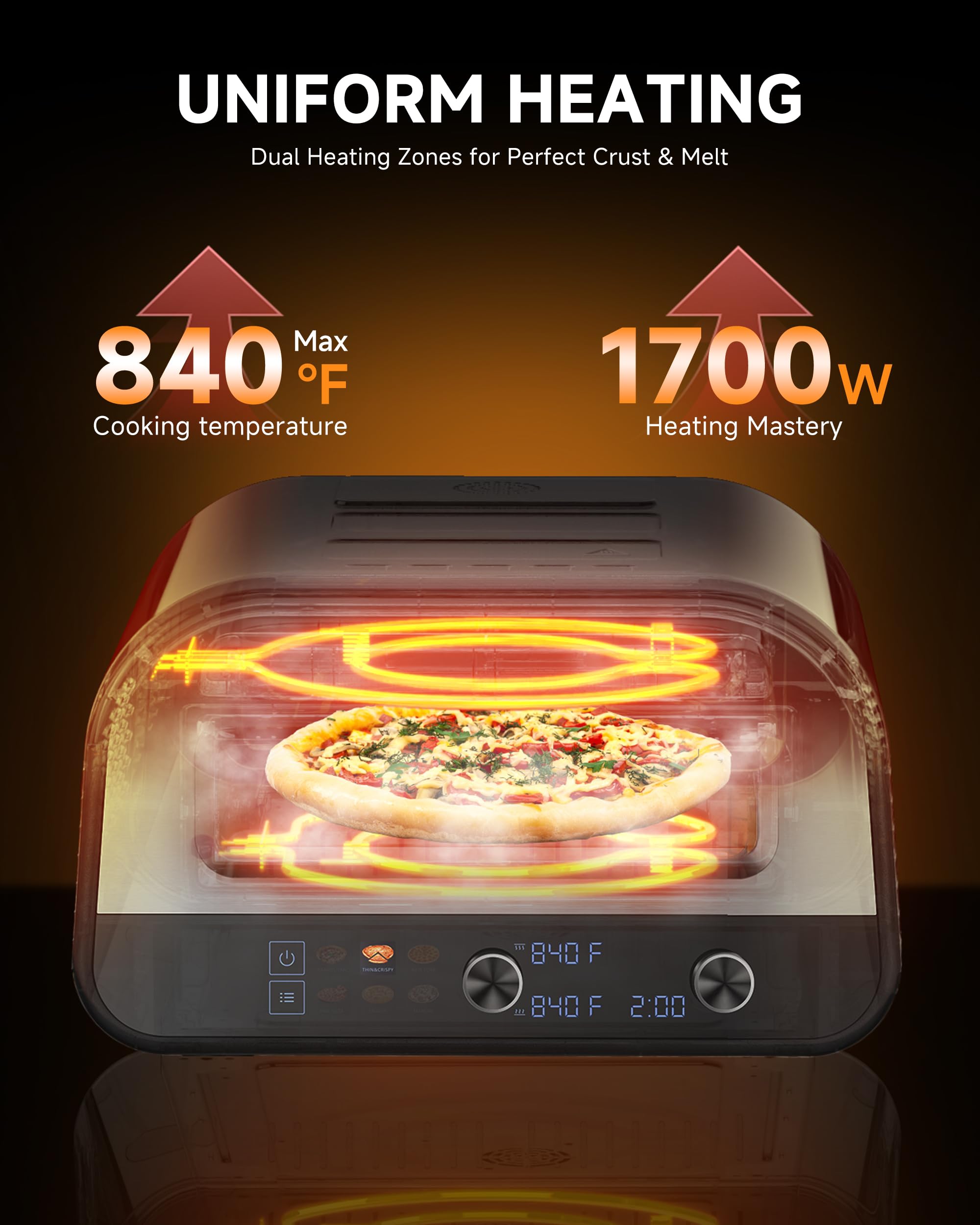 Upgraded Pizza Oven Heats up to 840°F Makes 12 Inch Pizzas in 90 Seconds Countertop Electric Pizza Maker with 6 Touchscreen Presets Pizza Stone & Peel Included - Stainless Steel
