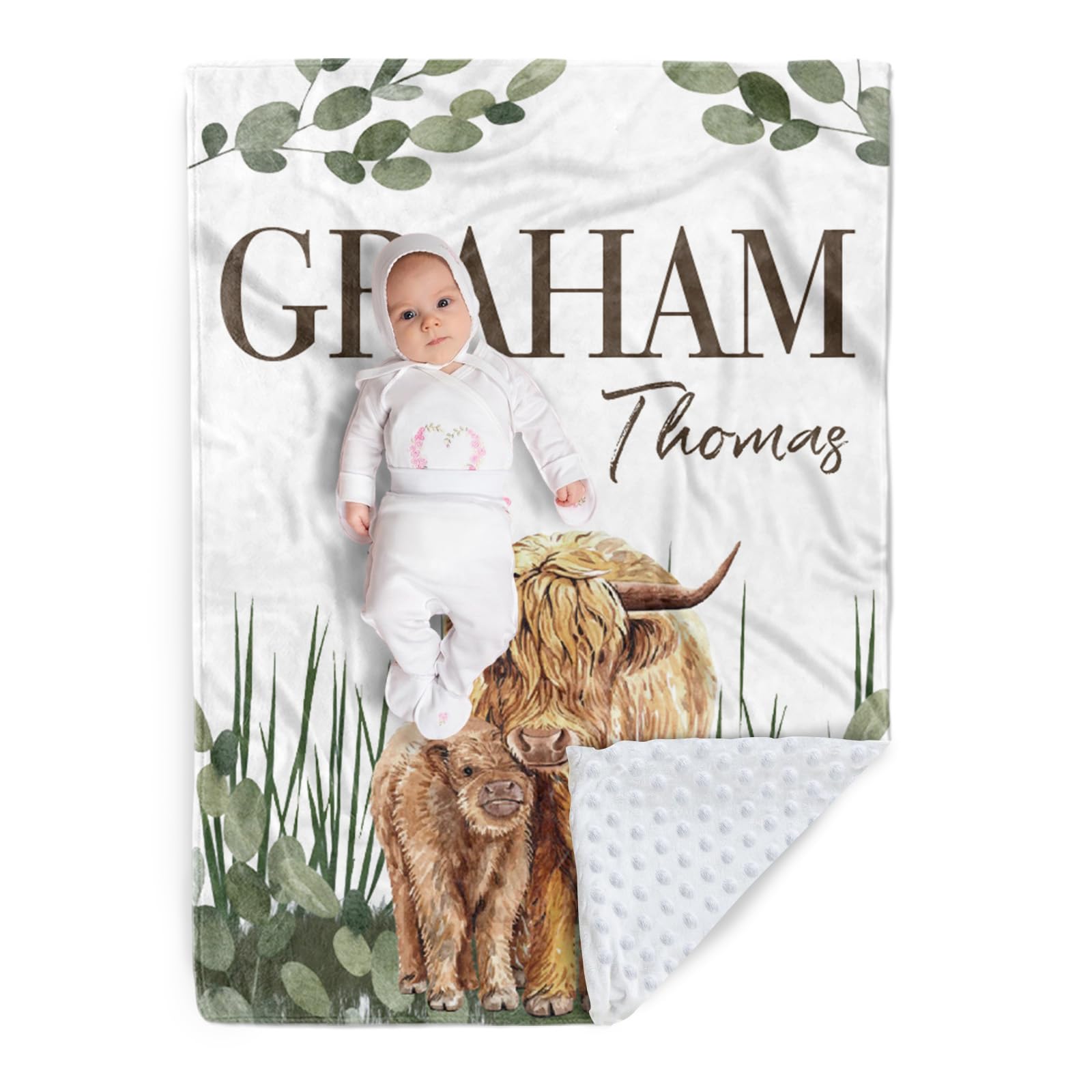 Duckbe Personalized Baby Blanket - Custom Highland Cow Blankets with Name - Soft Plush Flannel Throw Blanket with Double Layer Dotted Backing for Boys Girls Gift Color16