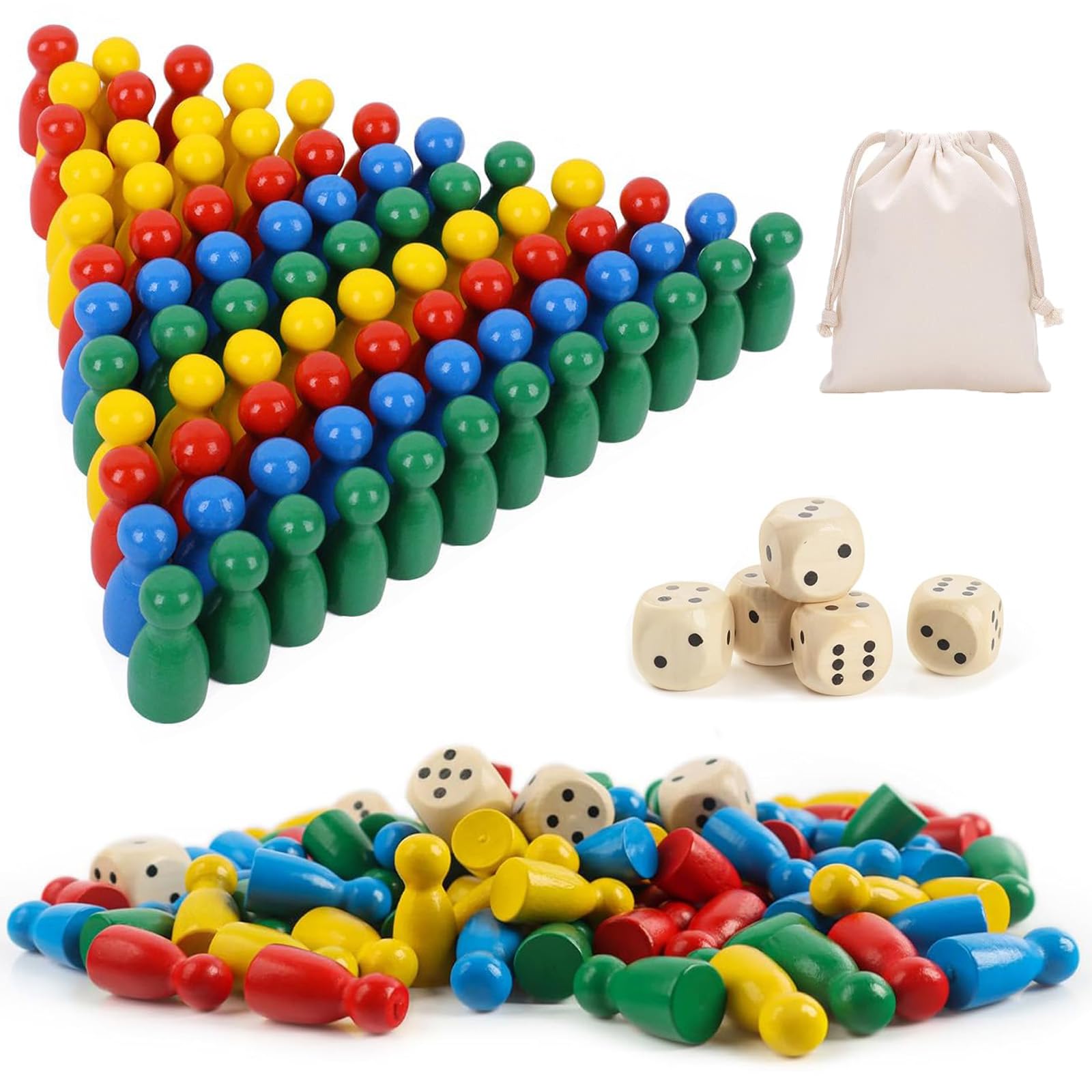 4 Farben 160 Stücke Holz Spielfiguren für Brettspiele Spielsteine Bunte Schachfiguren Halma Spiel mit 16 Würfel Inklusive Aufbewahrungstasche Klassisches Design Geeignet für Mehrspieler-Brettspiele