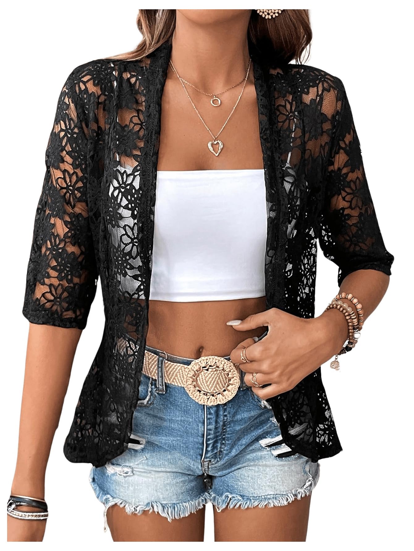 GORGLITTER Womens Floral Lace 3 4 Sleeve Bolero Shrugs Sheer Open Front Cardigan Blazer