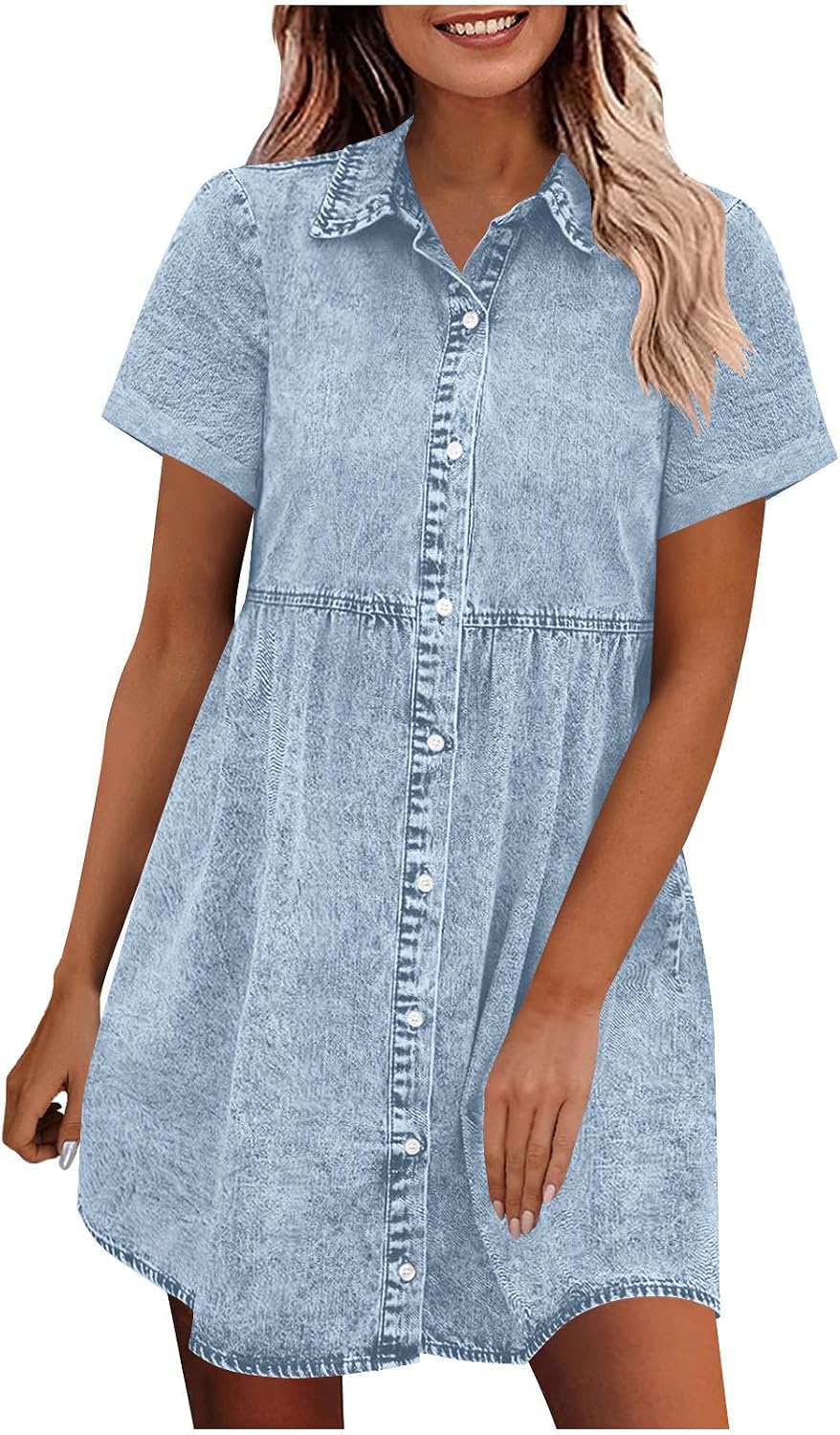 Denim Dress for Women Short Sleeve Button Down Babydoll Lapel Jean Dress Loose Fit Summer Fall Solid Color Outfits