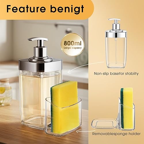 Miniatura 4 de Dispensador de jabón de cocina con soporte para esponja, botella de jabón recargable para encimera de cocina, dispensador de jabón para platos de