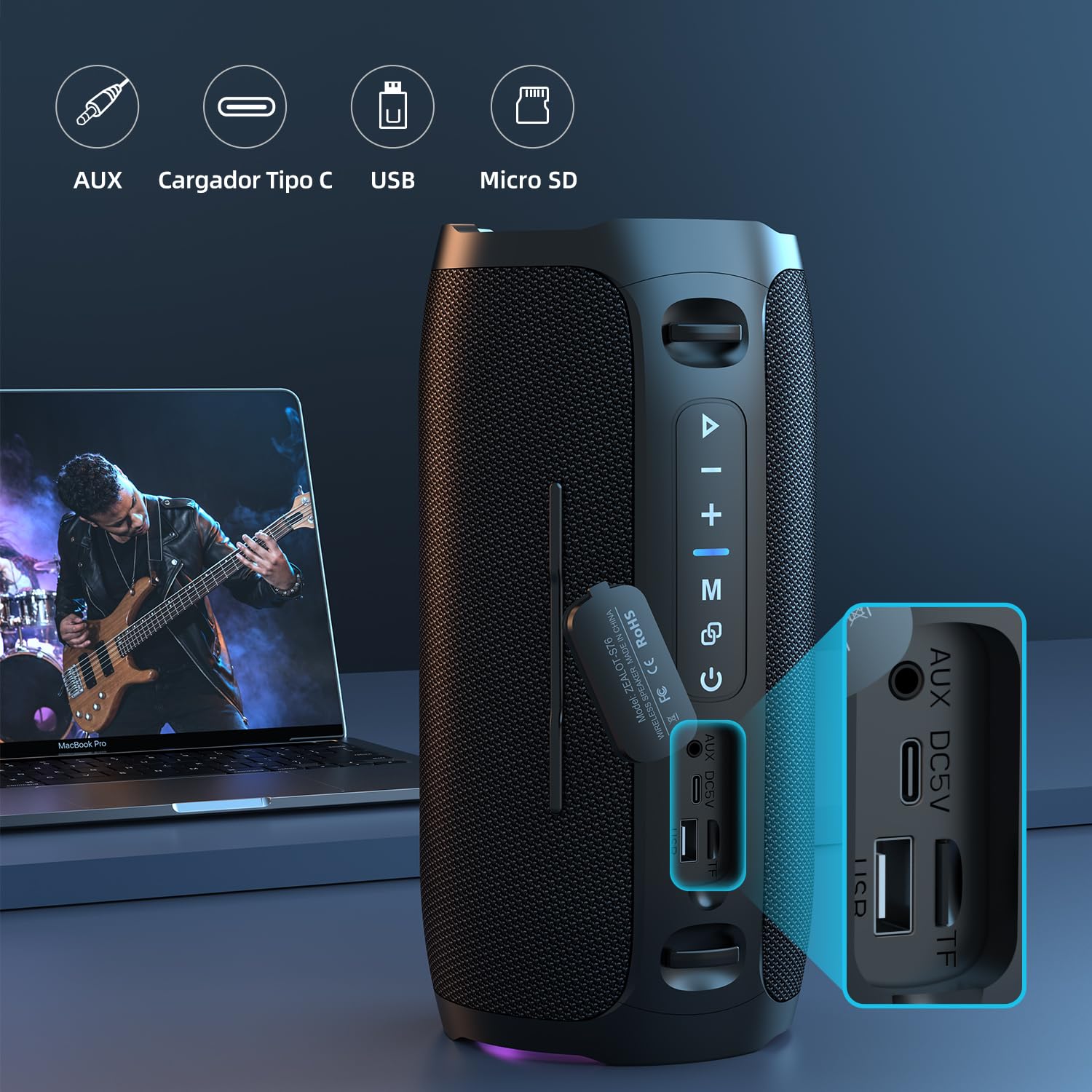 ZEALOT Altavoz Portátil Bluetooth con Luz LED, Altavoz Exterior Inalámbrico, 50W Sonido Potente, Autonomía de 30 Horas, Puerto de AUX, USB, Tarjeta TF , Bluetooth 5.3 y IPX6 Impermeable