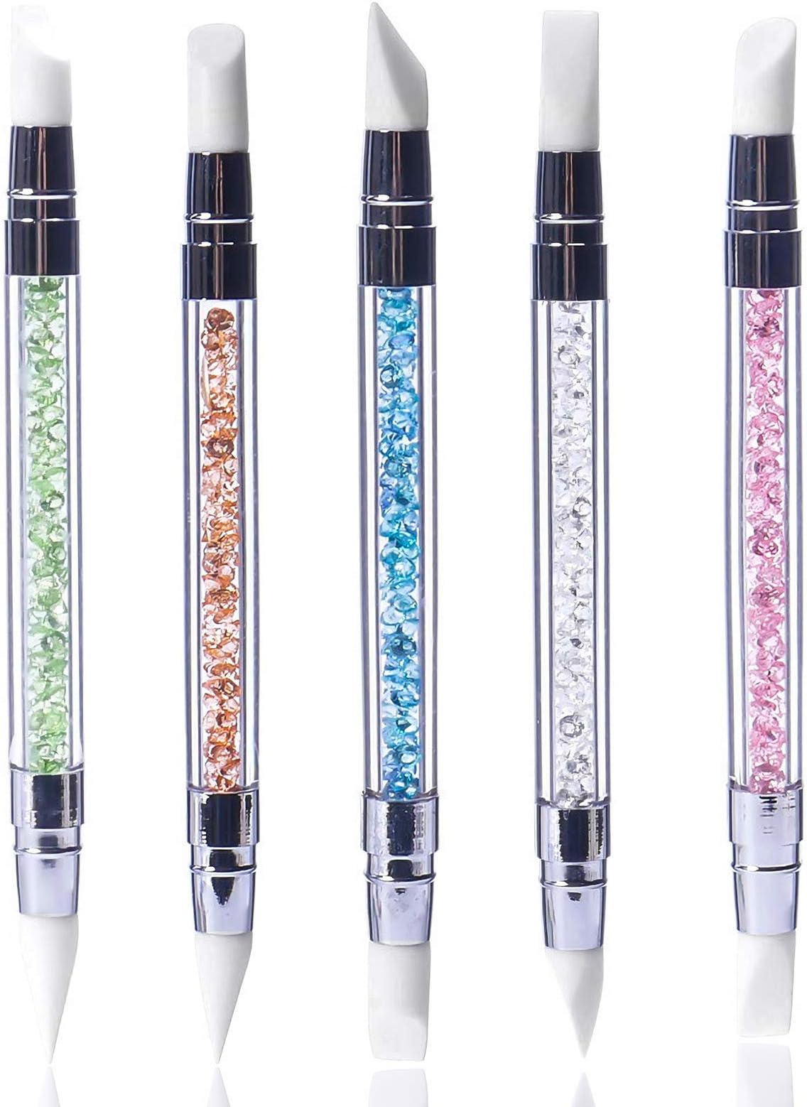 Hanyousheng 5pcs Gel Nail Art Pen Carving Brush Silicone Head Acrylic Handle Salon Tool Set, Gel Carving Ballpoint Pen Pencil with Acrylic Rhinestone Handle, Nail Art Brush, Nail Art Pencil