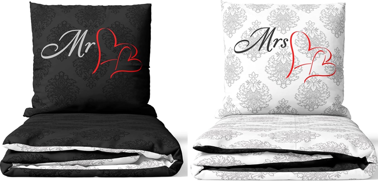 TKCQX Bettwäsche Set 200x220 Mit Gold Herzen - Microfaser Bettbezug Mit Kissenbezügen, Mrs & Mr Design