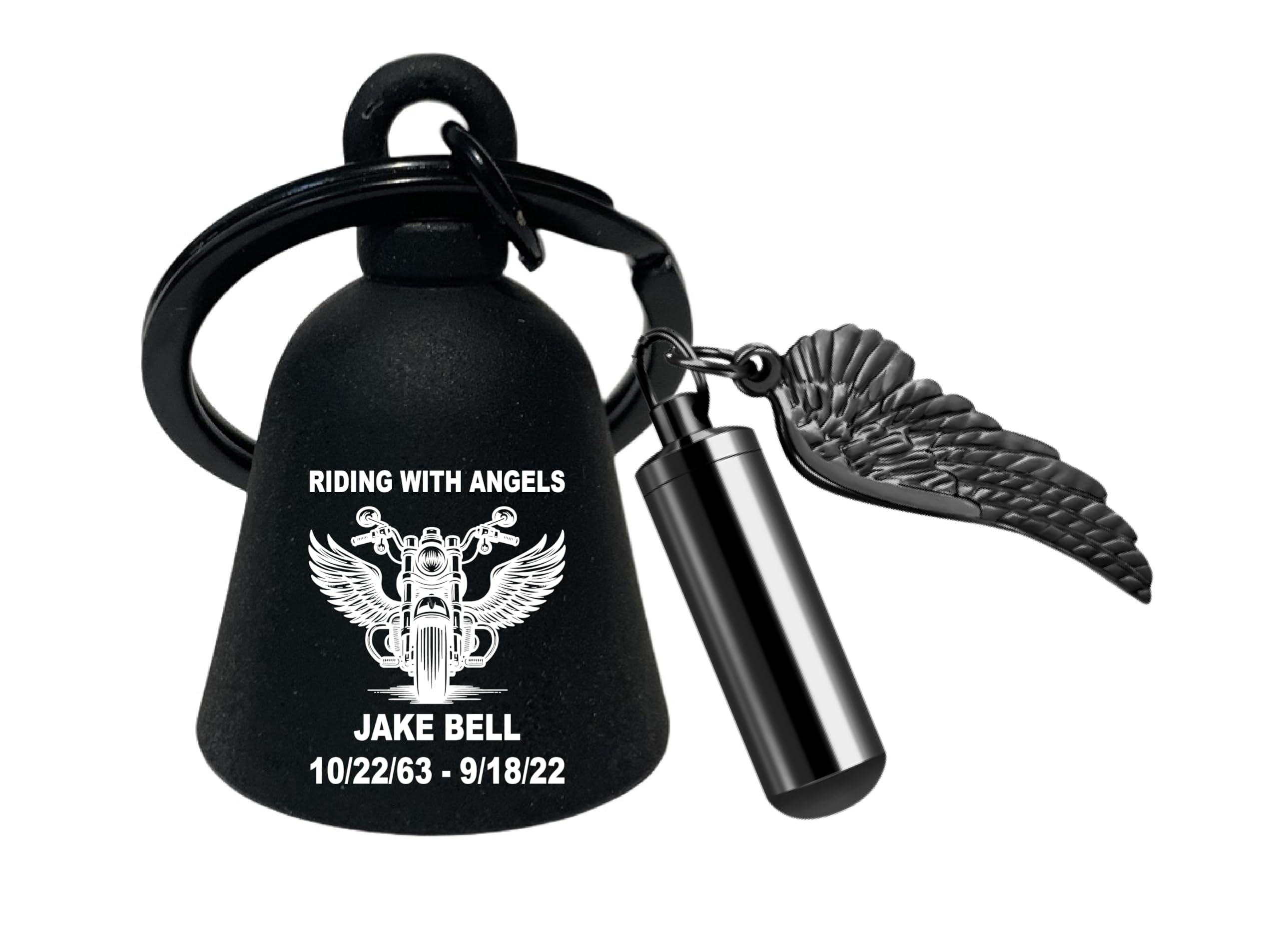 Custom Text Cruiser Bike Angel Wings Memorial Motorcycle 'Evil Spirits' Biker Guard Bell. Our Custom Bells are Universal fit. (Flat Black Bell w/Urn)