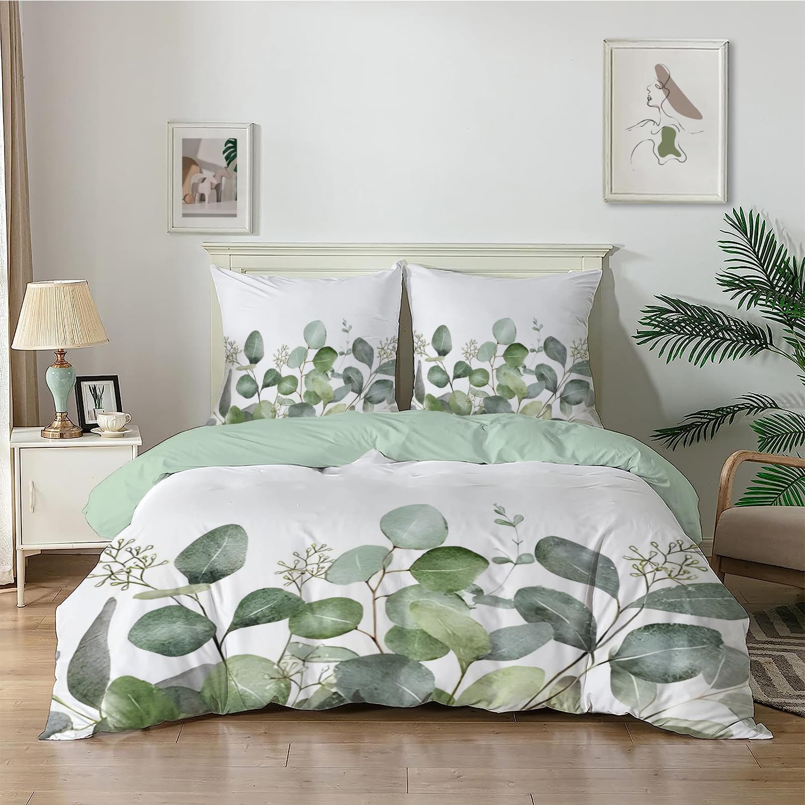 Dyausi Women's Sage Green Emperor Duvet Cover Set Leaves Floral Stylish Bedding Set 3Pcs With Zipper Closure For Girls Reversible Microfiber Quilt Cover 290X235cm And 2 Pillowcases 50X75cm