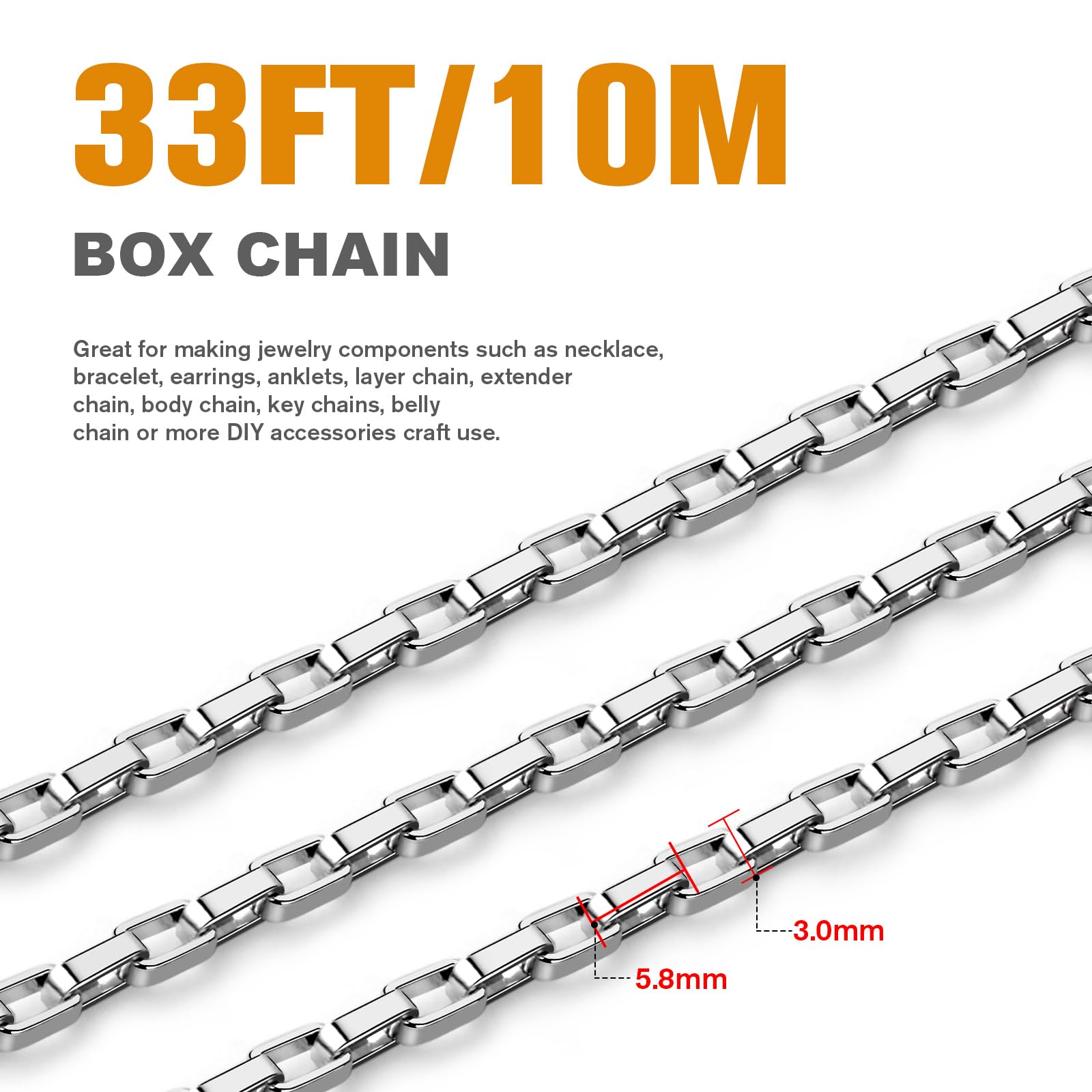Cadena de caja de acero inoxidable de 33 pies a granel, cadenas de acero inoxidable 304 de 3 mm, carrete de rollo de cadena de eslabones cuadrados delgados para hacer joyas, manualidades