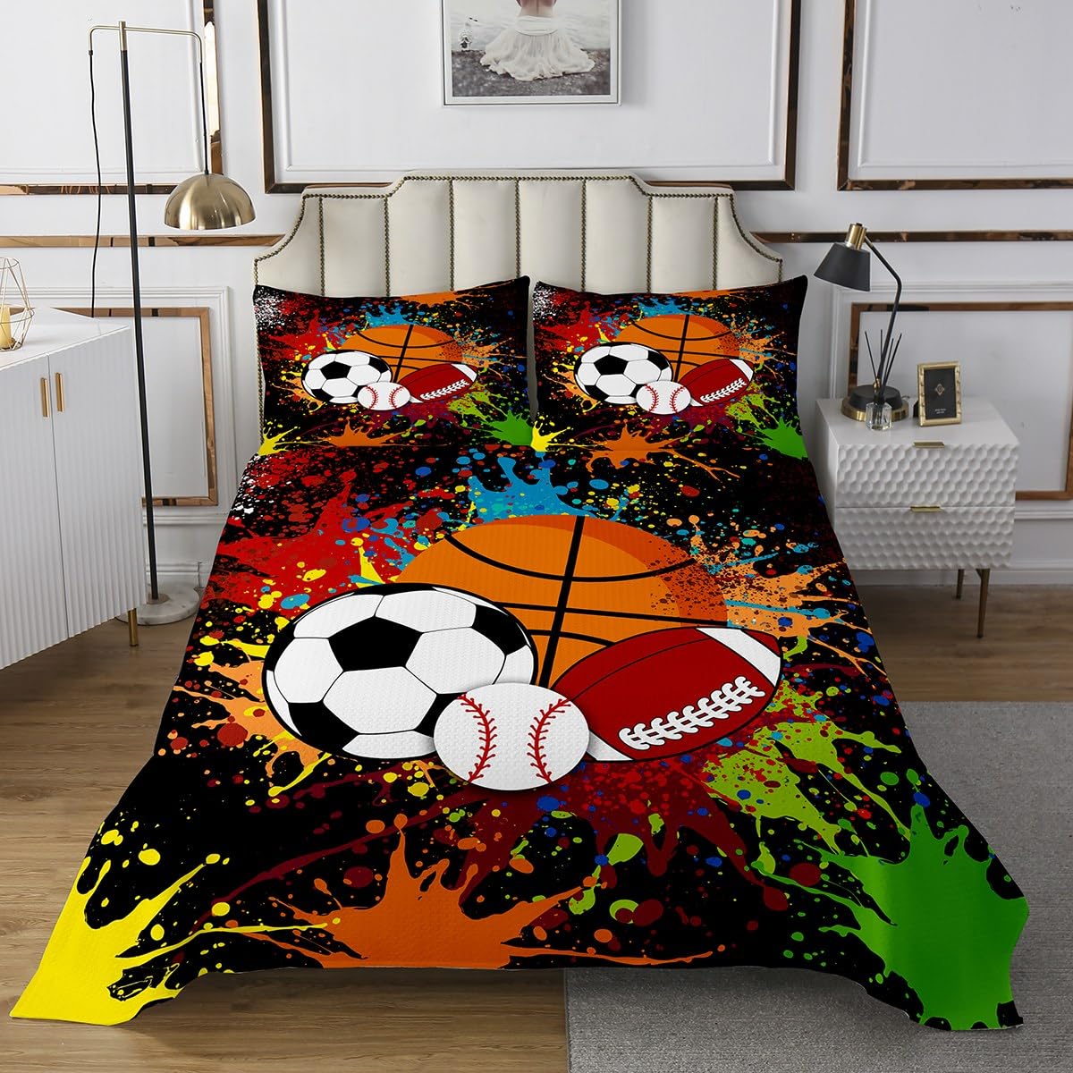 jejeloiu Mixed Ball Bedspread Twin Size Baseball Quilted Coverlet for Boys Girls Teens Basketball Coverlet Set Football Quilted Room Decor Multiful