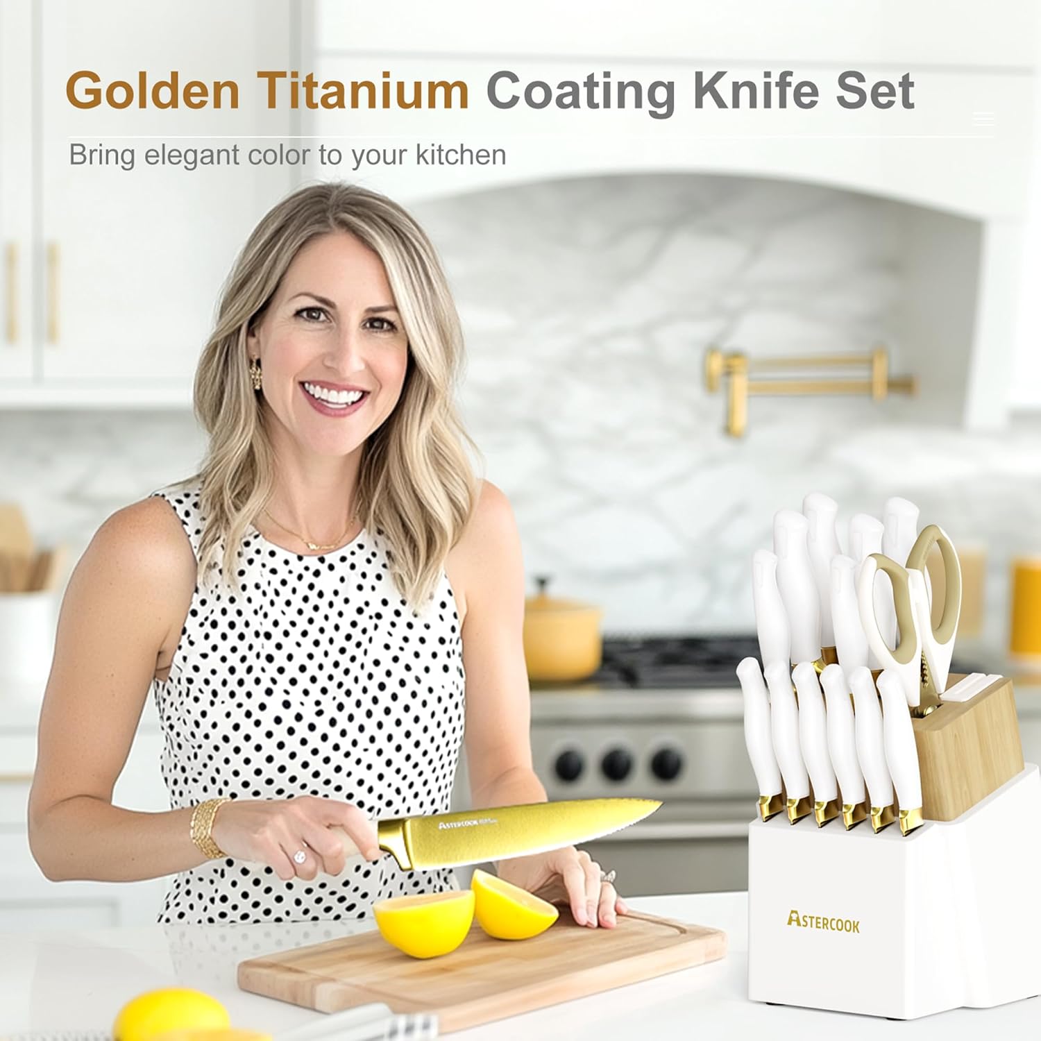 Astercook 15 Pieces Knife Set, Healthy Gold Titanium Coating Kitchen Knife Sets, Full Tang Knives Set with Block and Built-in Sharpener, German Stainless Steel Knife Block Set Dishwasher Safe Gold - Image 6