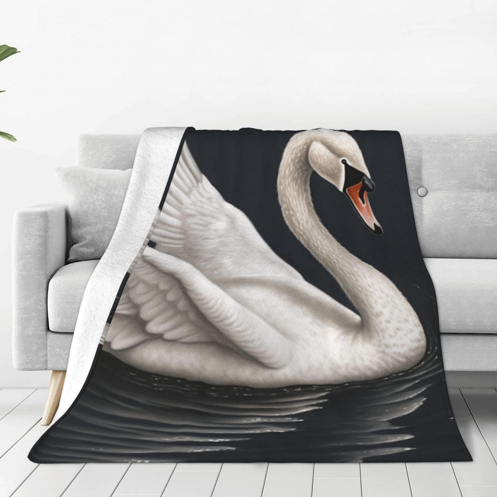 Couverture flanelle réversible pour canapé plaid cygne blanc grand format lit et camping 203x152