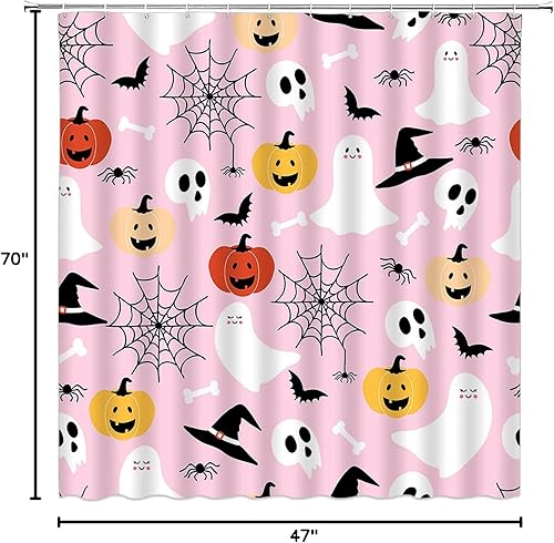 Vista 57 de Cortina de ducha Happy Halloween con diseño de calavera de bruja, murciélago espeluznante, alquimia gótica, tablero de ouija mágico, hongo de bruja