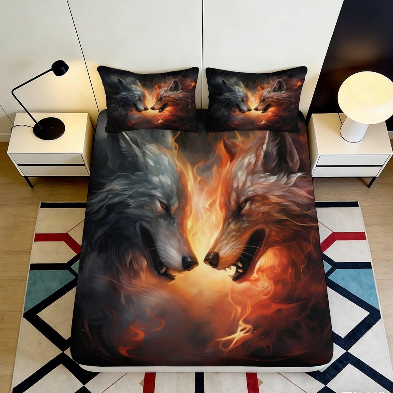 Uxinyoume Style-8 3D Printed Fire Wolf Fitted Sheet Microfiber Soft Anti-Slip Ice Wolf Mattress Cover For Bedroom Dorm Decor 90X200x25cm