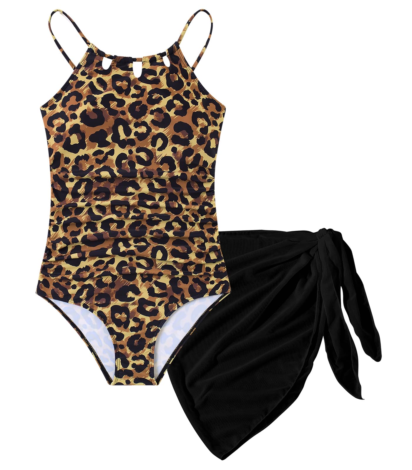 Girls One-Piece Swimsuit Bathing Suit with Cover Ups Size 7-16 | Adjustable spaghetti straps,Cut-out design, Removable chest pads, Swimwear for the beach, swimming pool, Hawaiian vacation